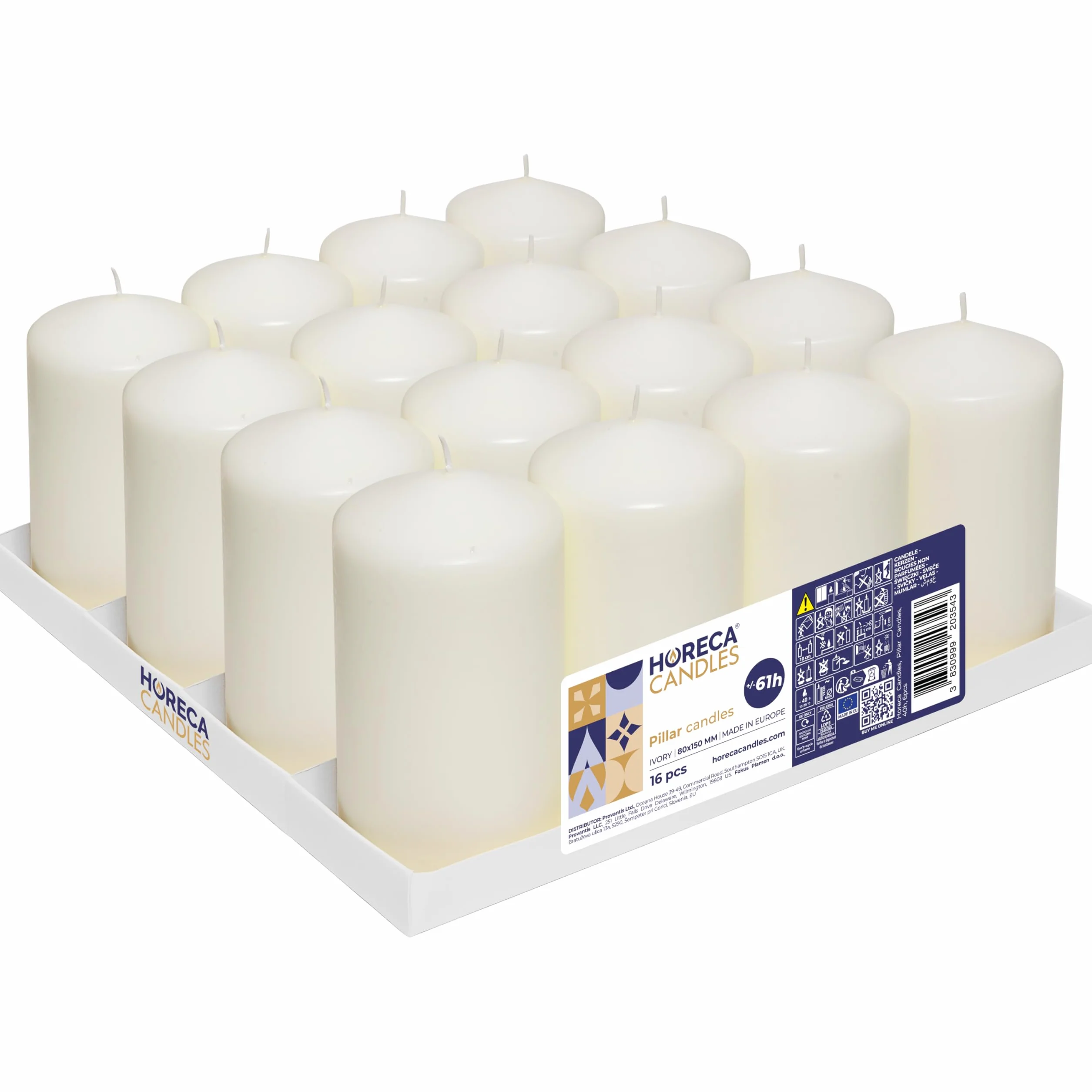 Horeca Candles - Candele a Colonna Avorio - Ø 8 x 15 cm - Set da 16 Candele Decorative - Lunga Durata 60 Ore - Cero Inodore - Cera di Paraffina- Antigoccia - Senza fumo - Qualità RAL