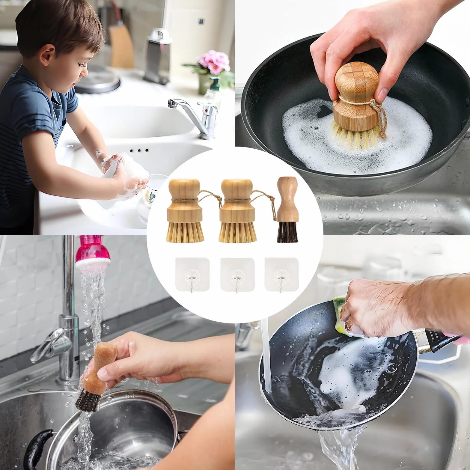 Set di 6 spazzole a fungo, con tre ganci, ecologiche, per funghi, per la pulizia della cucina, del bagno, della pulizia delicata dei funghi o delle verdure