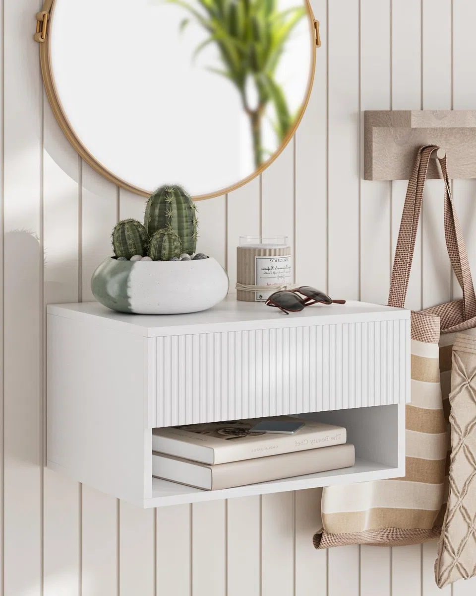 HEYZOEY Comodino sospeso, piccolo comodino mobile moderno con cassetto, scaffali galleggianti per camera da letto, bagno, bianco