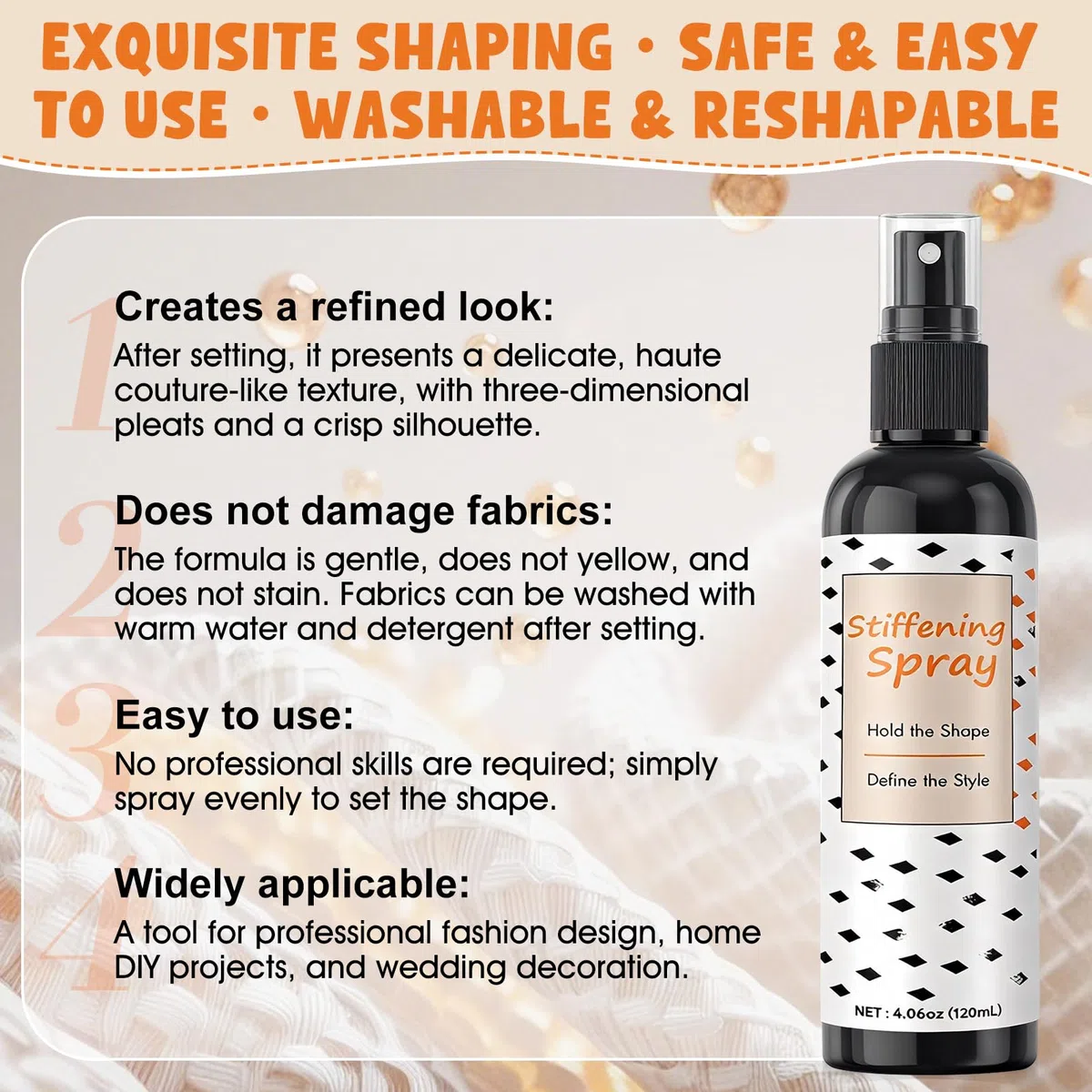 Indurente per Tessuti, Spray Indurente per tessutis, Amido per Tessutis, Mantiene la Forma a Lungo, Adatto a Diversi tessuti, Tra Cui Cotone, Lino, Seta e Filati, 120ml