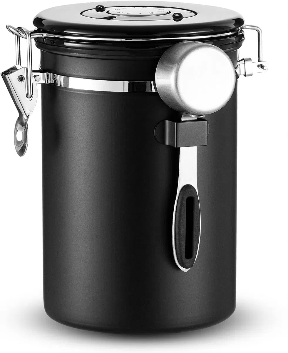 PIQIUQIU Contenitore ermetico per caffè da 1,8 l, in acciaio inox, ermetico, con datario, per chicchi di caffè, farina, zucchero a velo, tè, zucchero