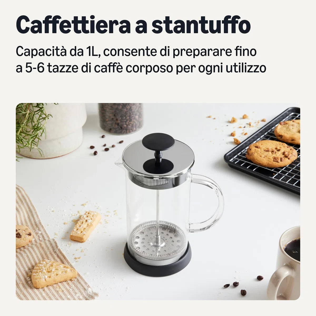 Amazon Basics Caffettiera a Stantuffo, 1L, in Vetro Borosilicato, Senza BPA, Parti Rimovibili Lavabili in Lavastoviglie