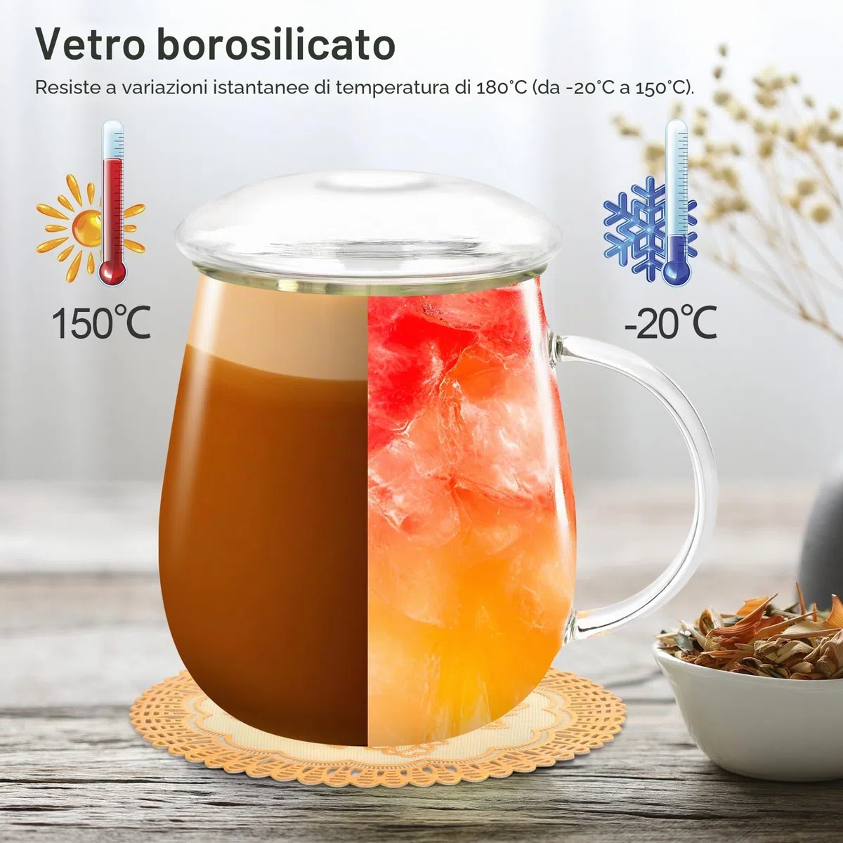 Tazza da tè in vetro da 500 ml, Tazza da tè con filtro e coperchio, tazza da tè in borosilicato adatta per tè nero, bevande, caffè freddo, bustine di tè