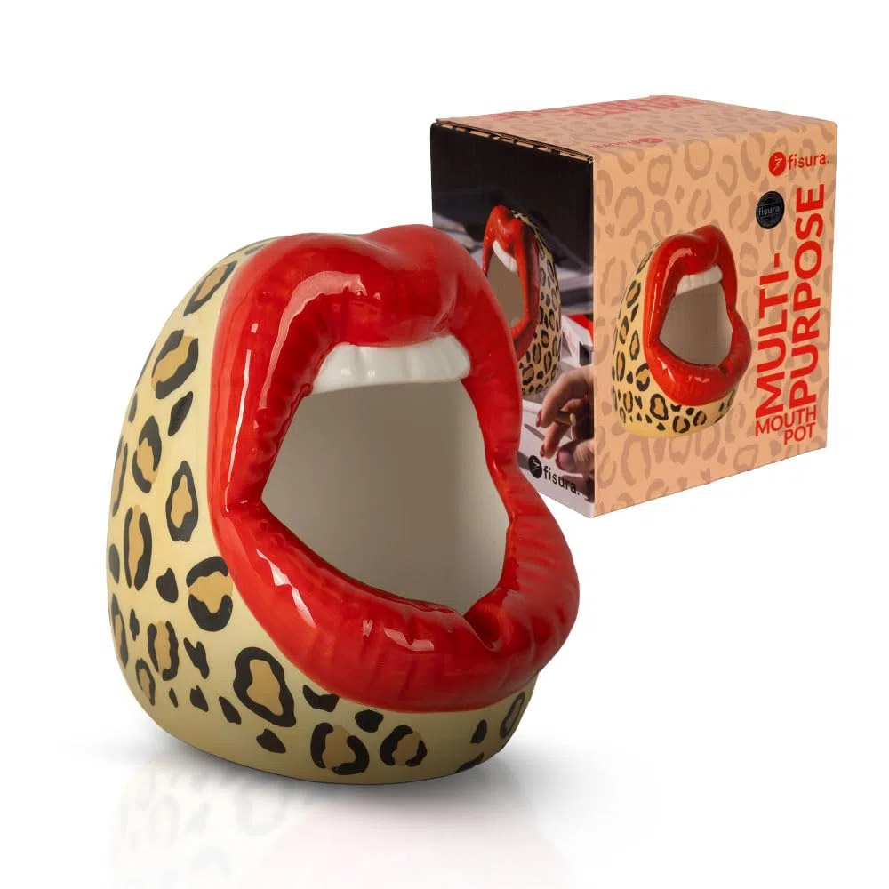 Fisura – Posacenere originale “bocca” con stampa leopardata. Posacenere in ceramica per interno ed esterno, idea regalo divertente. Può essere usato come vaso o svuotatasche. 9,5 x 12 cm.