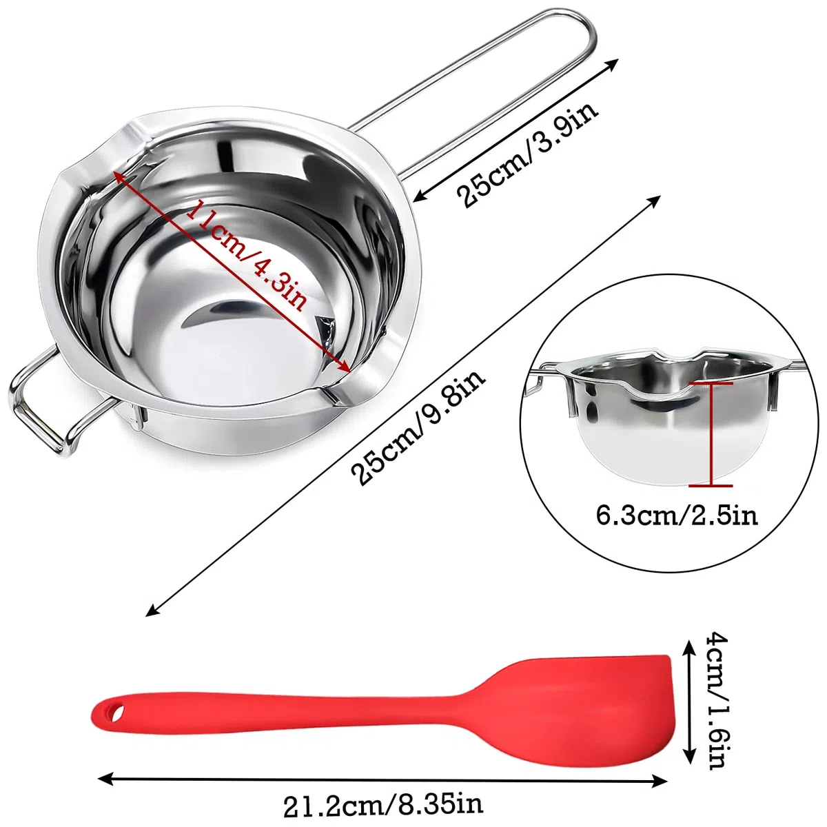GMMG Pentolino per Cottura Bagnomaria 400 ml Acciaio Inox 304 Pentola per Bagnomaria con Spatole in Silicone per Sciogliere Cioccolato