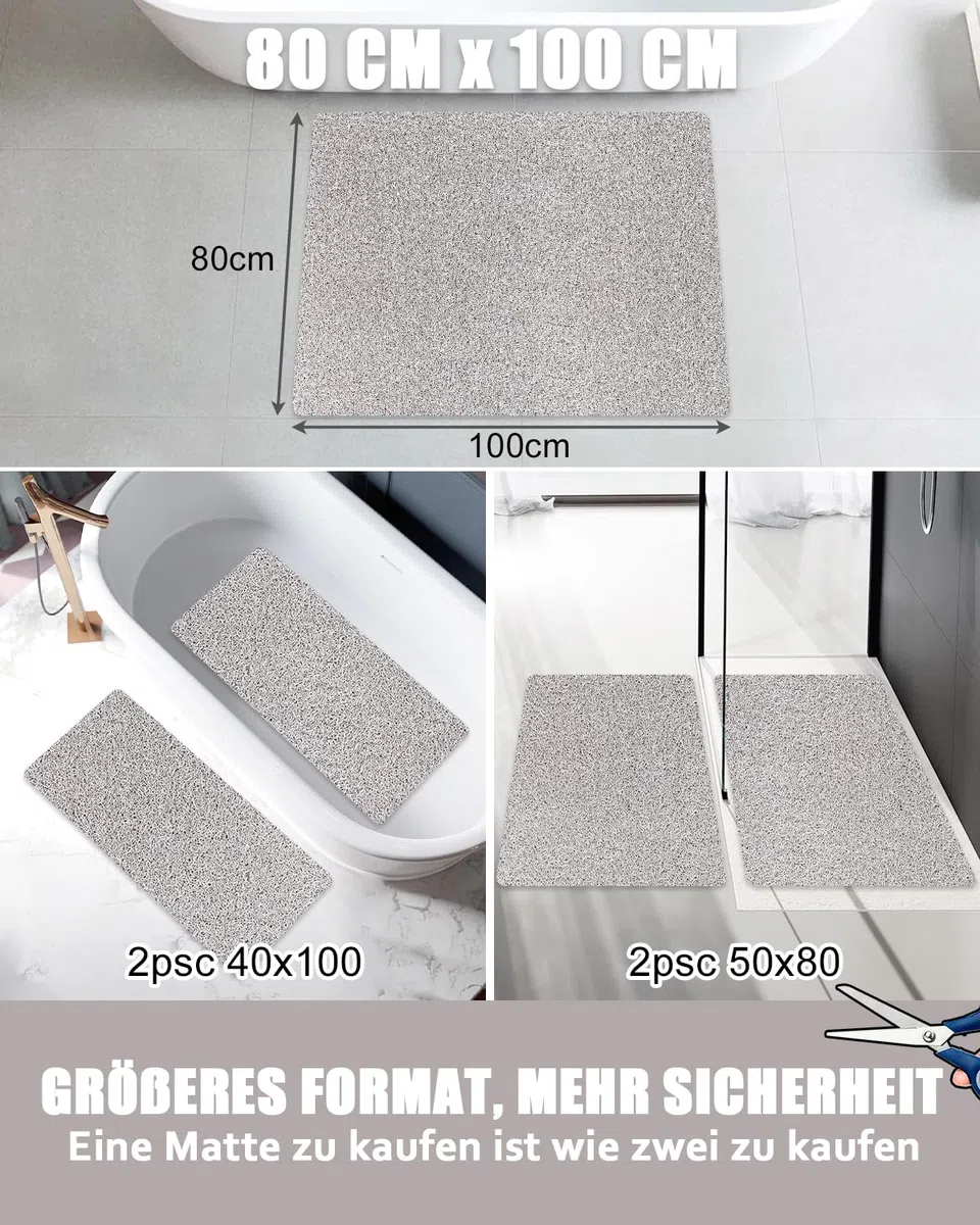 Tappetino da doccia antiscivolo, 80 x 100 cm, extra grande, di sicurezza, con fori di scarico, morbido e confortevole, in PVC, per massaggiare la doccia, ad asciugatura rapida
