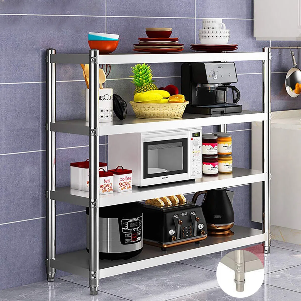 Scaffale da cucina in acciaio inox, per carichi pesanti, 120 x 40 x 150 cm, 4 ripiani in acciaio inox, per uso commerciale e domestico, con strati antiscivolo e struttura modulare