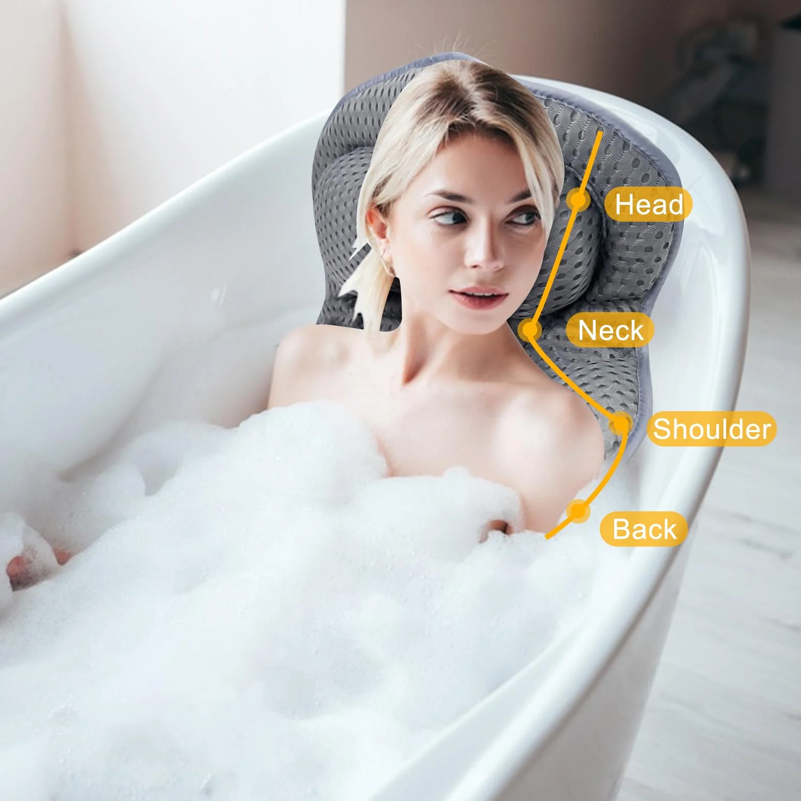 Chiluxendo Cuscino Vasca da Bagno, Spa Tappeto per Vasca da Bagno con Cuscino Antiscivolo Ventose, Imbottitura per Vasca da Bagno, Poggiatesta Cervicale con Tecnologia 4D Air Mesh e 6 Ventose (Grigio)
