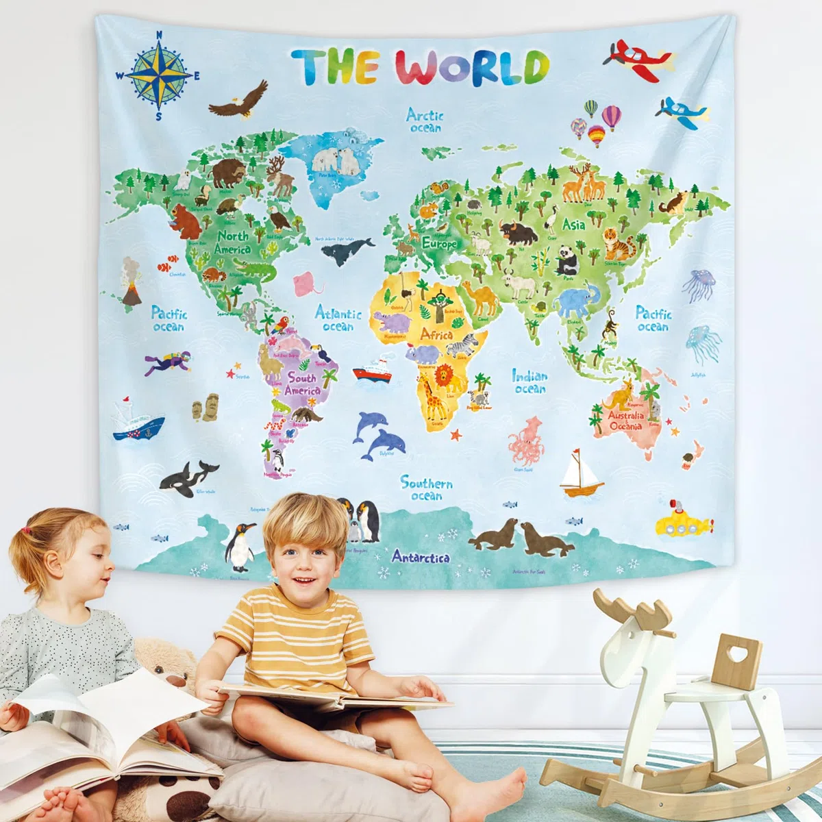 BASHOM TP-001 Poster con Mappa del Mondo degli Animali per Bambini Apprendimento Educativo Appeso a Parete per Camera da Letto Soggiorno Asilo Nido Dormitorio Home Decor 60''x50'' (150x130 cm)