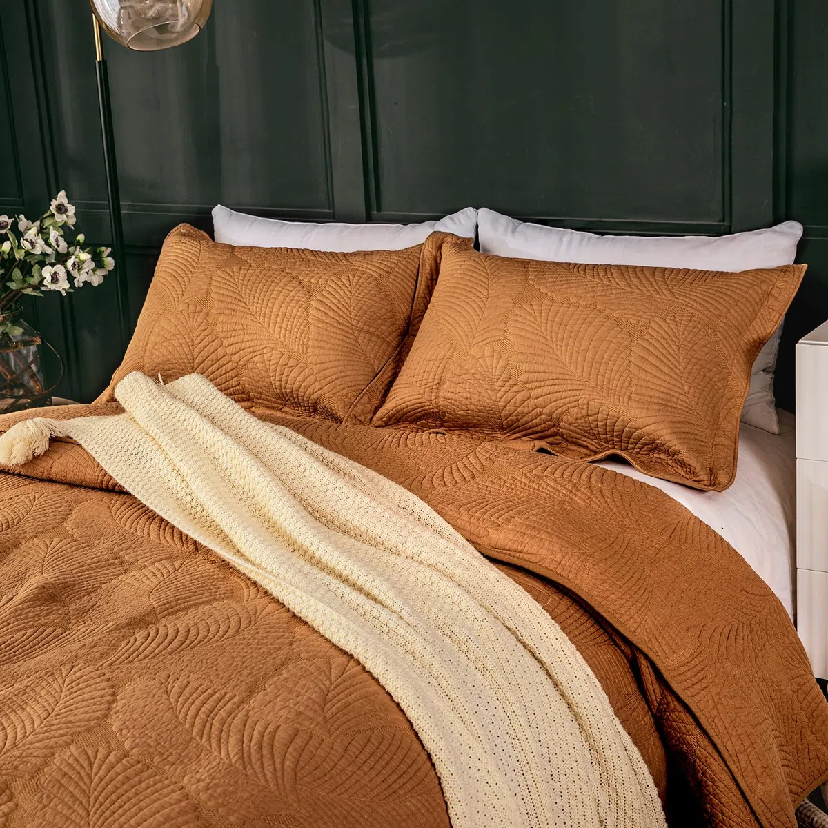 Qucover Copriletto Matrimoniale Cotone Arancione, Trapuntato Extra Morbido, Motivo a Foglie per Stagioni, 230x250cm