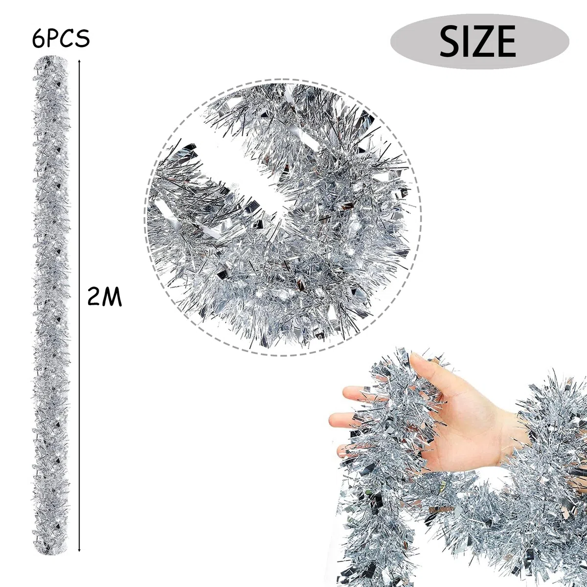6 Pcs Ghirlanda Natalizia Argento, 12m Tinsel per Albero di Natale, Festoni Decorazioni per Interni ed Esterni