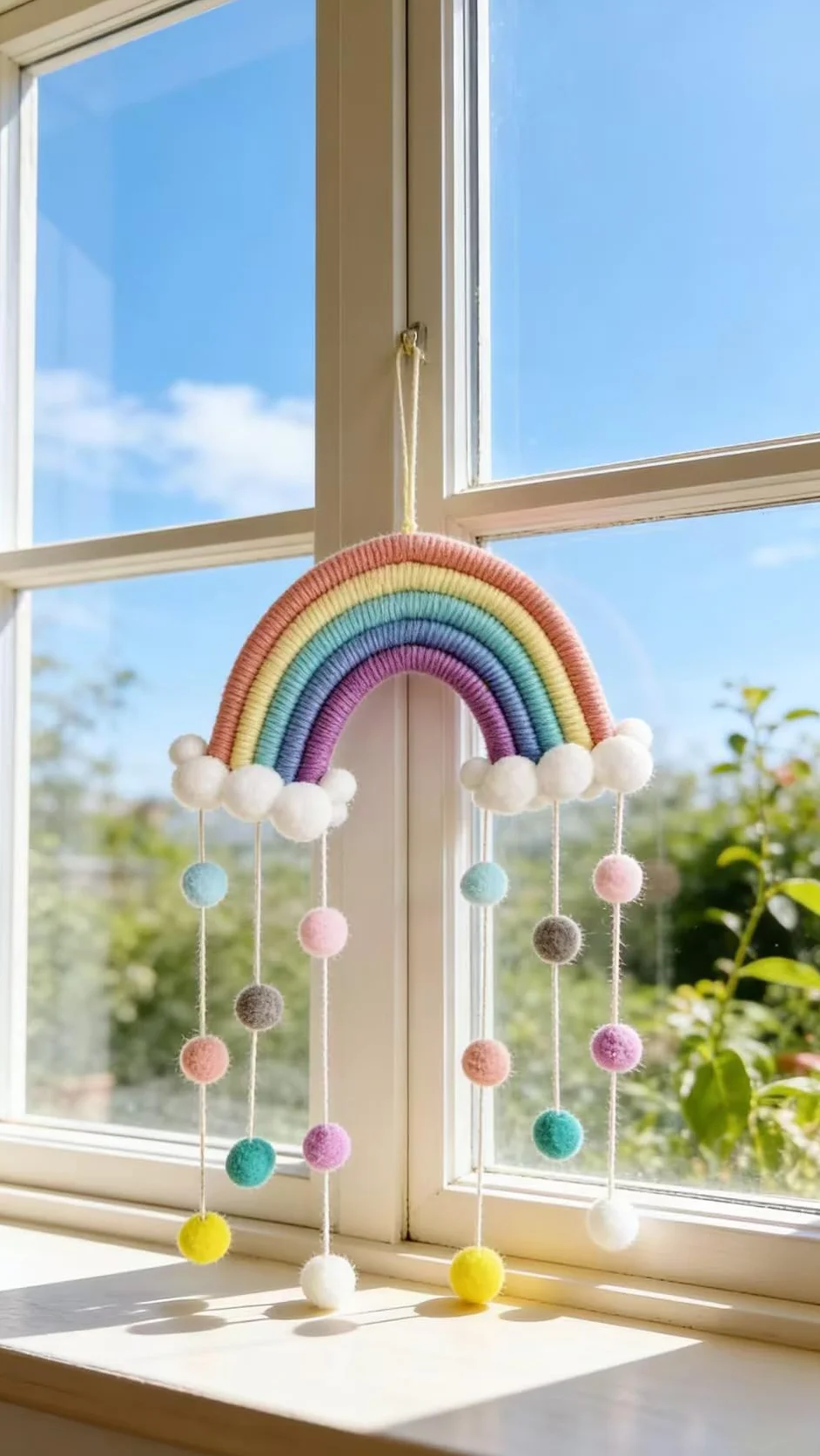 GooODCHANCEUK - Decorazione da parete in macramè arcobaleno con nuvole, ornamenti da parete con pompon, per cameretta dei bambini