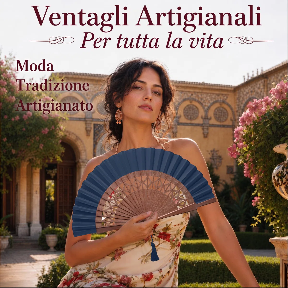 Ventaglio Spagnolo Artigianale - Blu - 100% Cotone e Legno di Sipo - Ventaglio Particolari ed Elegante - Ventaglio Grande per Donna e Sposa