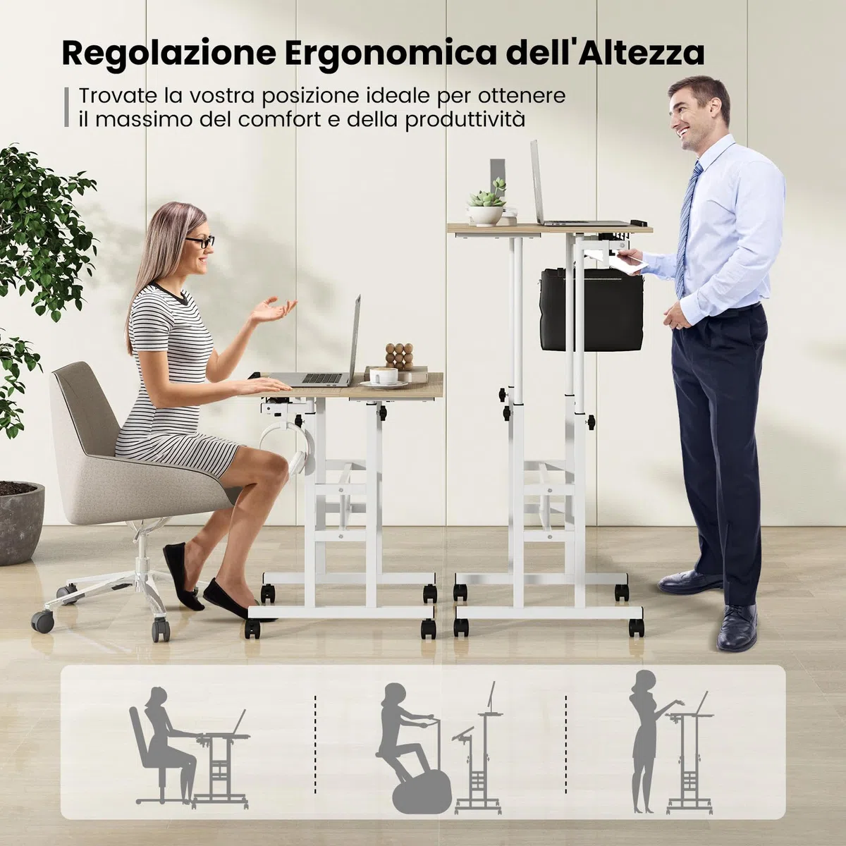 COSTWAY Scrivania per Computer Regolabile in Altezza, Postazione di Lavoro per Computer con Ruote e Ganci, Tavolo Porta PC per Studio e Ufficio, 60 x 60 x 72-124 cm (Naturale)