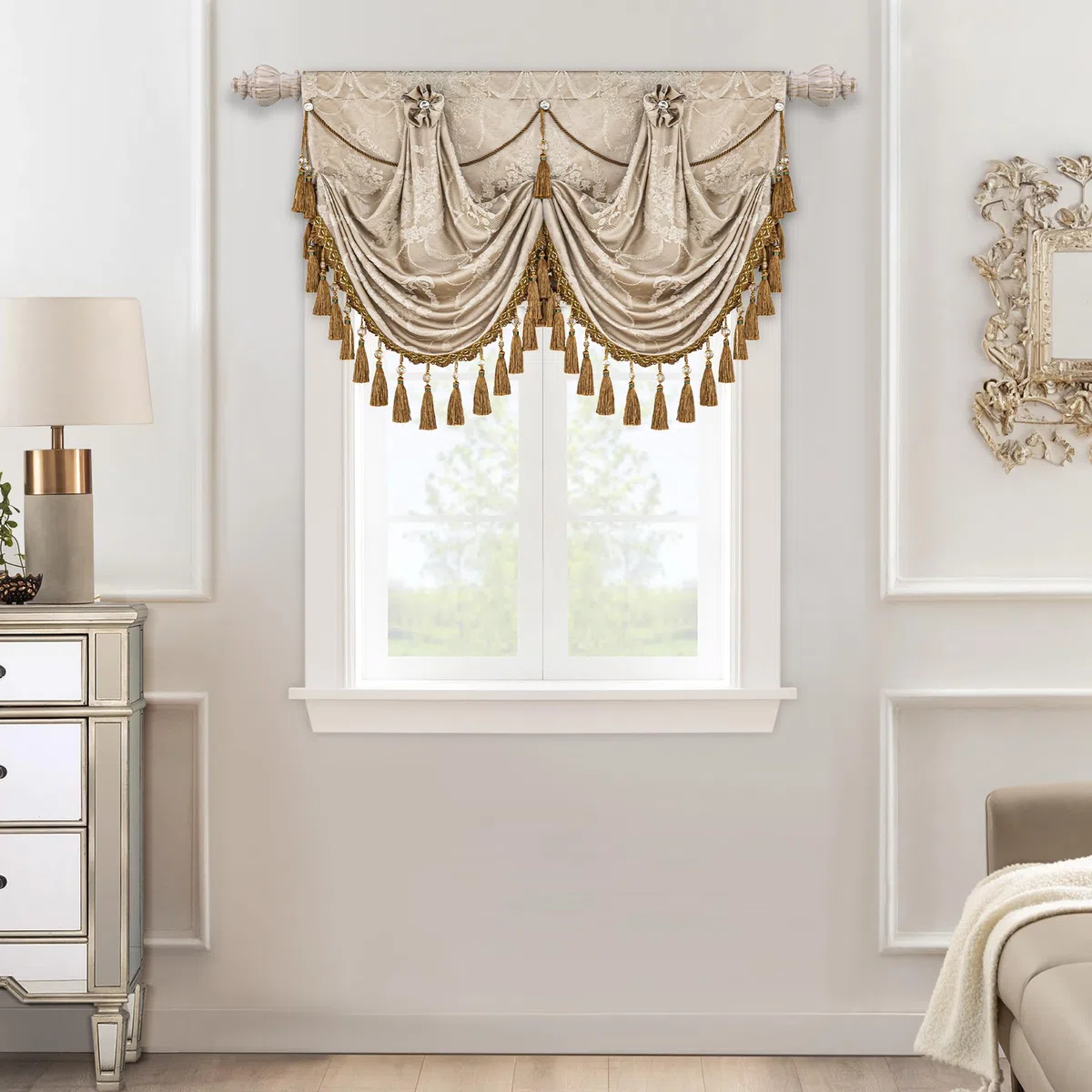 Mantovana a Cascata per Finestre, Mantovana Damascata con Nappe, Tenda Corta Jacquard per Camera da Letto Soggiorno Cucina 1 Pezzo (Larghezza 100cm, Sabbia)