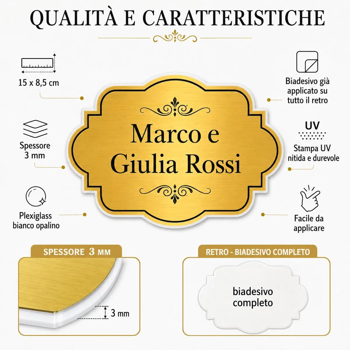 Targa Porta Ingresso Personalizzata in Plexiglass, Targhetta Adesiva Fuori Porta Casa con Nomi Famiglia, Biadesivo Incluso, Sfondo Oro Argento Bianco, Decoro a Scelta