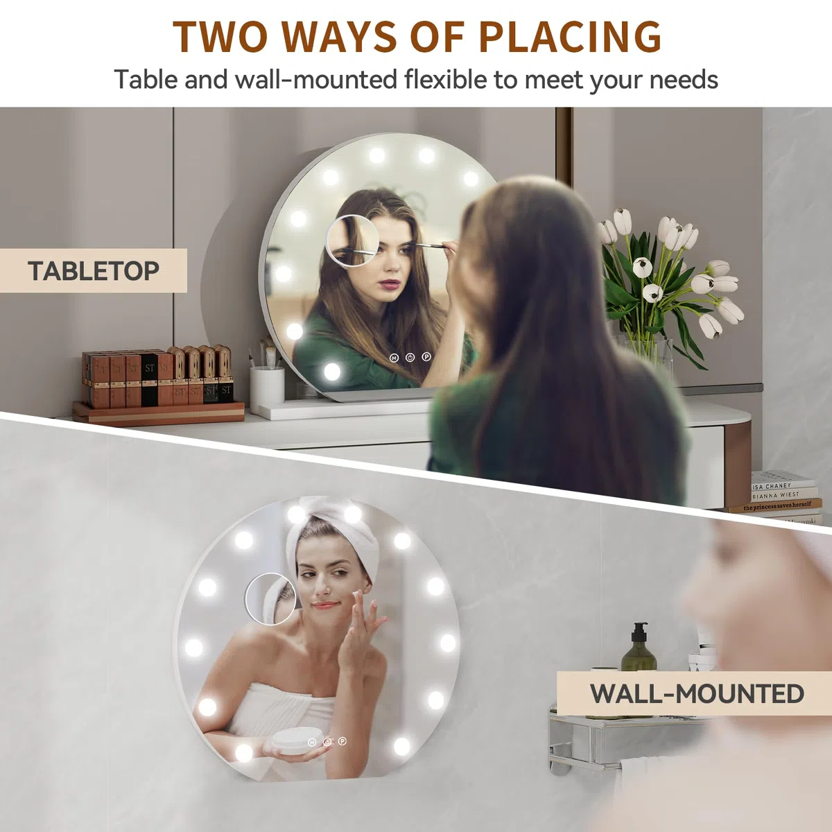 Hollywood Vanity - Specchio cosmetico rotondo con luci, 50 cm, specchio per il trucco con 12 lampadine LED dimmerabili, porta di uscita USB, 3 modalità di illuminazione, da tavolo e da parete