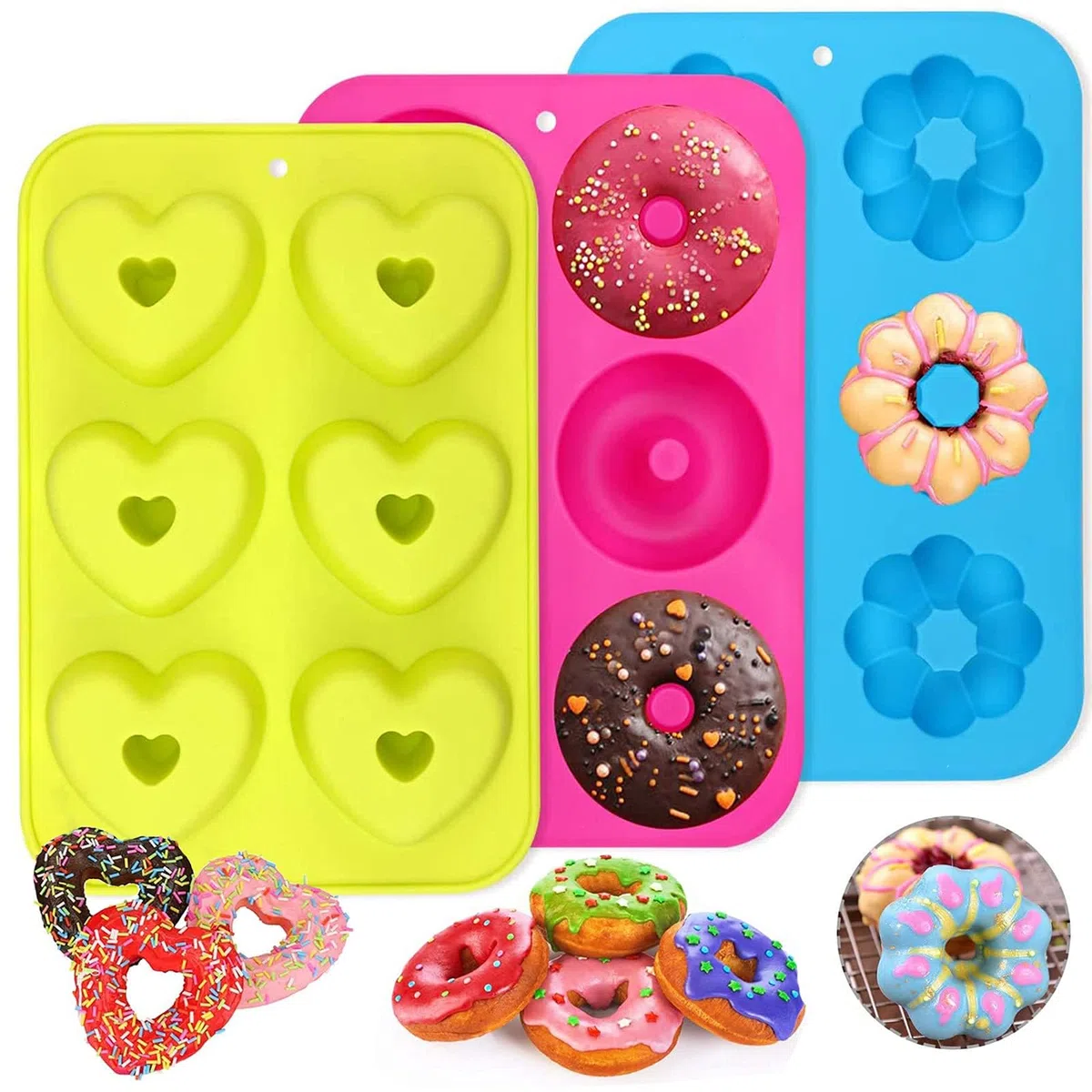 PHOGARY Ciambella Stampi, Set di 3 Stampo in Silicone per Dolci,Torte, Biscotti, Bagel, Muffin, Donut Teglia Antiaderente, 260 ° C Resistente