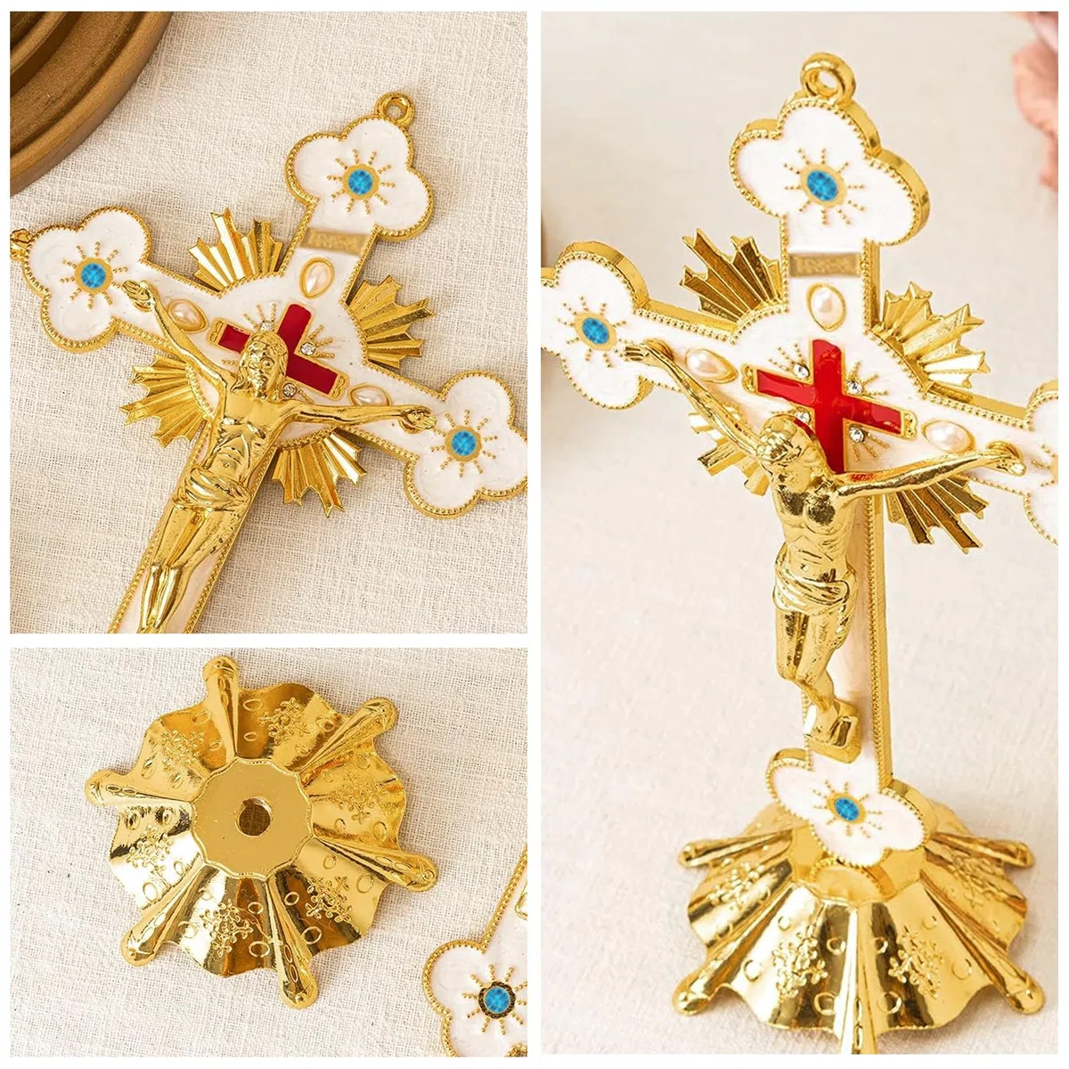 Syfunlv Croce in Metallo, Croce di Gesù Cristo, 13 x 8 x 21 cm, Oro, con Supporto da Tavolo, Classico, Religioso, Indoor, Outdoor, Regalo, Decorazione