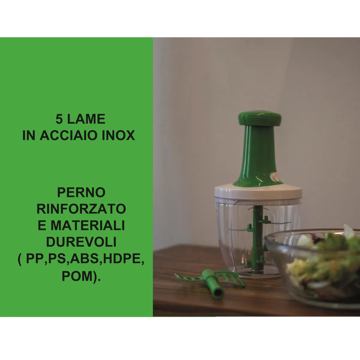 BIOVIRA Tritatutto Manuale 5 Lame Inox – Chopper da Cucina tipo Pedro Chef, Frullatore Manuale e Tritaverdure per Cipolla, Aglio, Prezzemolo, Verdure, Slap Chop Vegetable Chopper + Ricettario Digitale