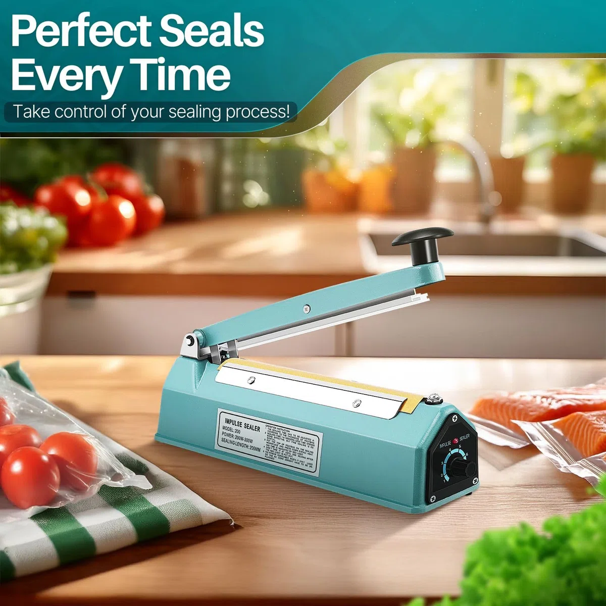Flexzion 200 mm (8") Impulse Sealer (300W) – Kit di chiusura manuale in plastica con timer regolabile, portatile con elemento di ricambio e nastro in teflon