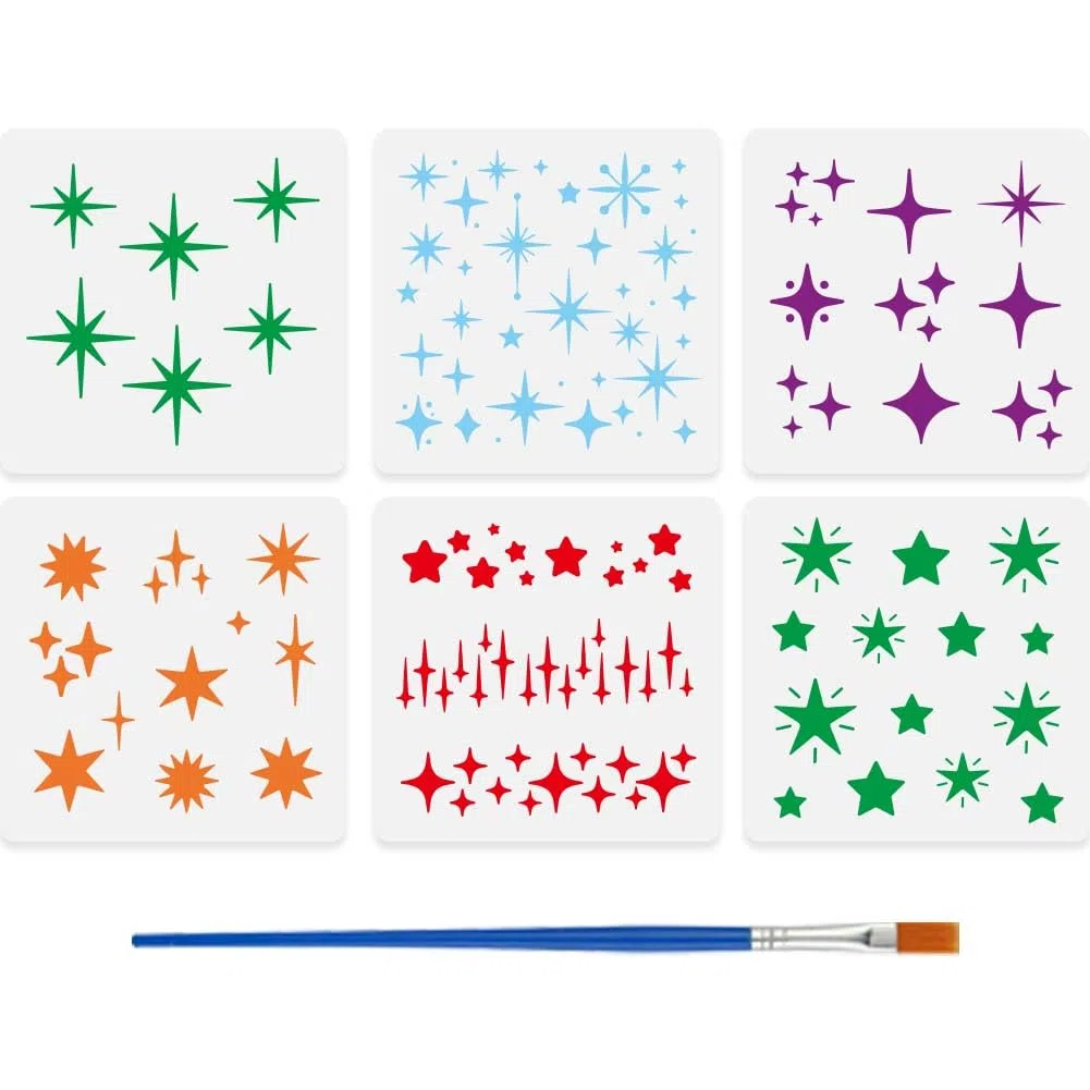 FINGERINSPIRE 6 Pz Stencils per Pittura a Stelle con Pennello, 20x20cm Stencil a Stelle Scintillanti Riutilizzabili Modello per Disegno Stencil In PET per Pittura Murale, Legno, Tela, Tessuto