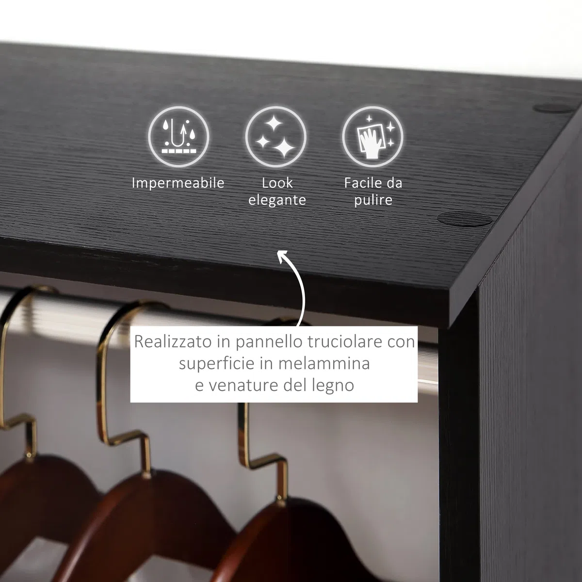 HOMCOM Stand Appendiabiti con 6 Ruote, Appendiabiti da Terra con 5 Ripiani e 2 Aste per Vestiti, Guardaroba Porta Abiti in Legno e Alluminio, per Camera da Letto Soggiorno Corridoio Ingresso, Nero