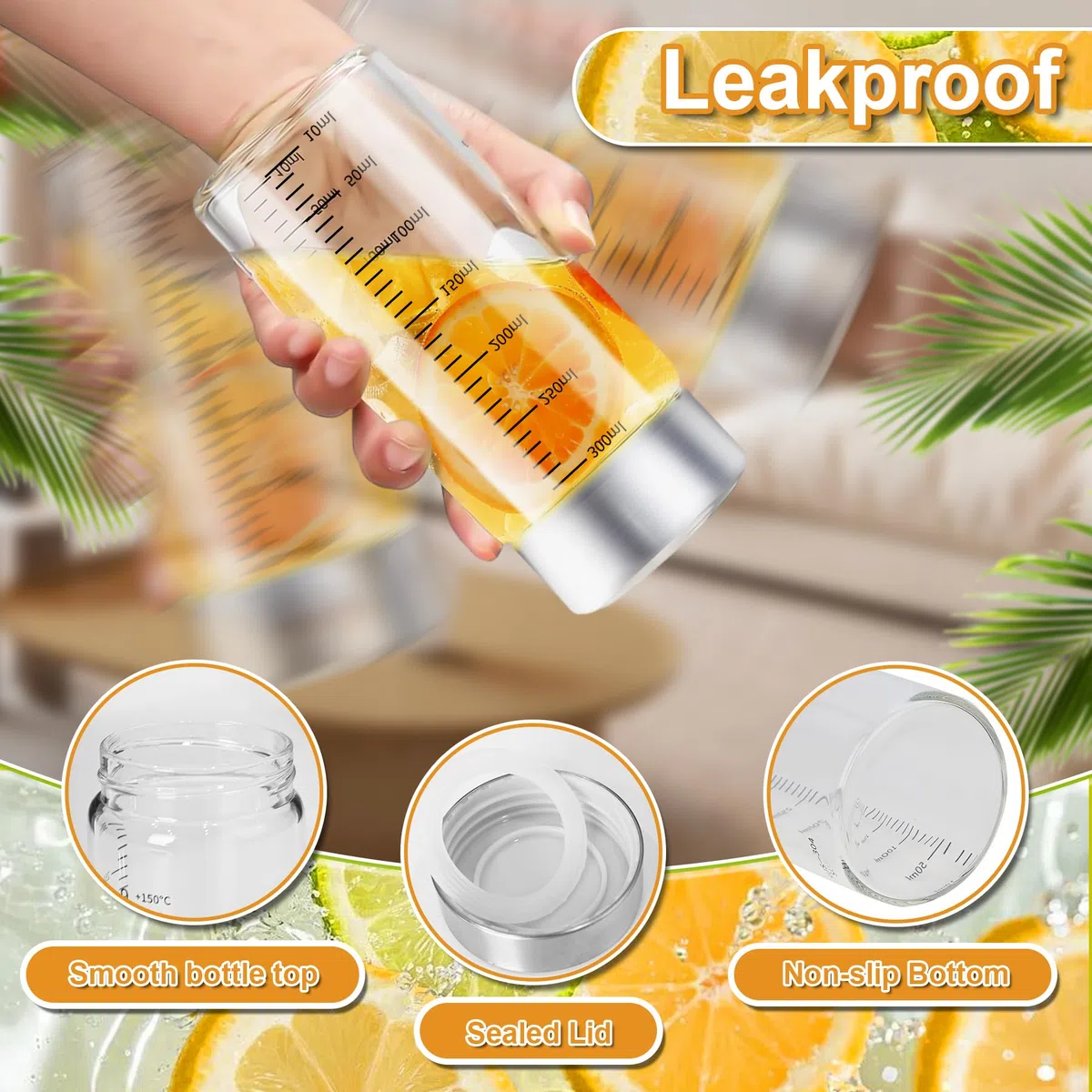 4 Bottiglie di Vetro da 300 ml con Coperchio in Acciaio Inox,Riutilizzabile,Senza BPA,per Succhi, Frullati, Caffè, Latte, Tè, Latte Vegetale e Altro Ancora