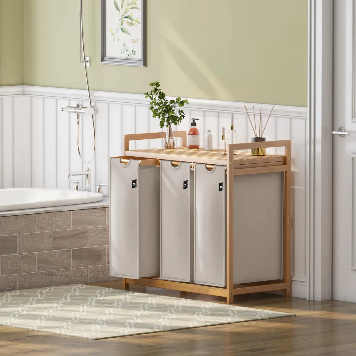 AdelDream Cesto Portabiancheria Cesto per Bucato 150L Organizzatore Lavanderia con 3 Scomparti in Bambù Selezionatore di Bucato Grigio Chiaro