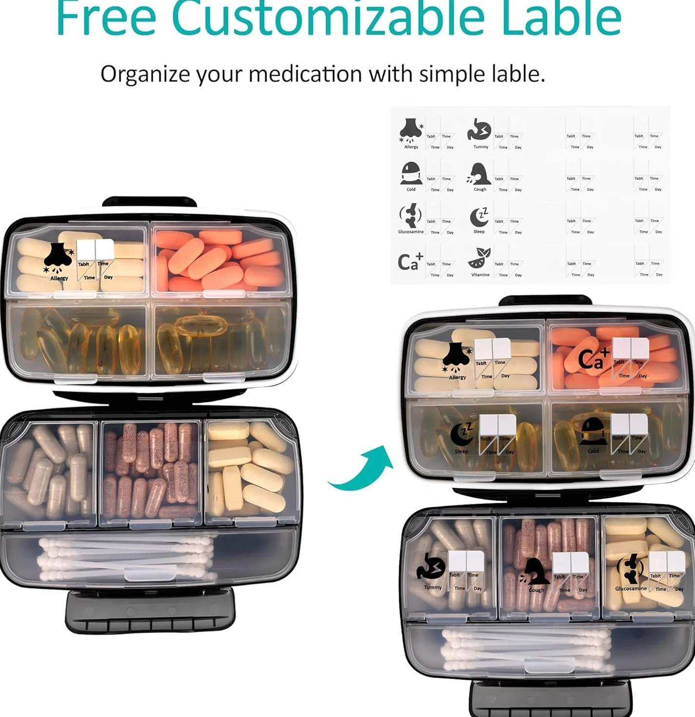 Fullicon - Portapillole da viaggio, grande, portatile, con 8 scomparti, contenitore per pillole e vitamine, ermetico e a prova di umidità (nero)