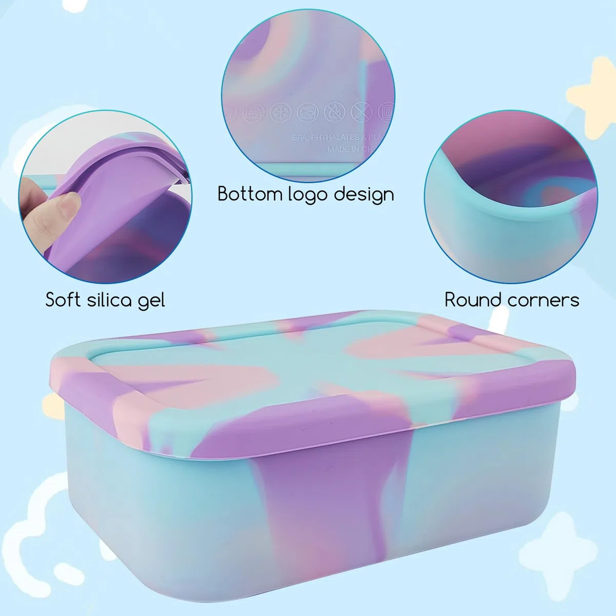 Contenitore per il pranzo in silicone da 1200 ml, per bambini, con scomparti, senza BPA, in silicone, infrangibile e a prova di perdite, per scuola, picnic, ragazze e ragazzi (viola)