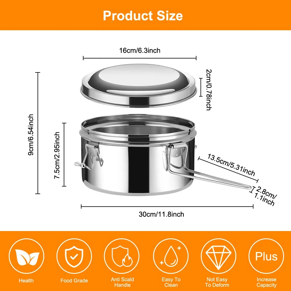 1200ml Lunch Box in Acciaio Inox, Rotondo Gavetta, Scatole per Il Pranzo, per Adulti e Bambini, con Maniglia,per Scuola, Picnic, Viaggi