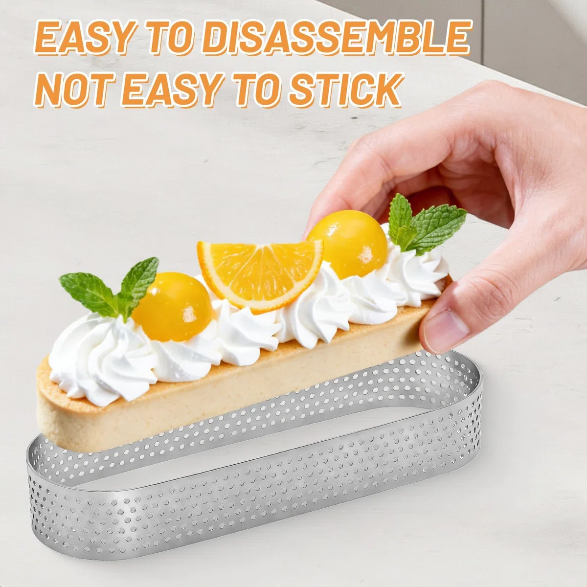 Set di 6 anelli per torta in acciaio inox, ovali, 13 x 4 x 2 cm, resistenti al calore, perforati per mousse, torte, tortine e dessert, durevoli, antiaderenti, ideali per idee creative