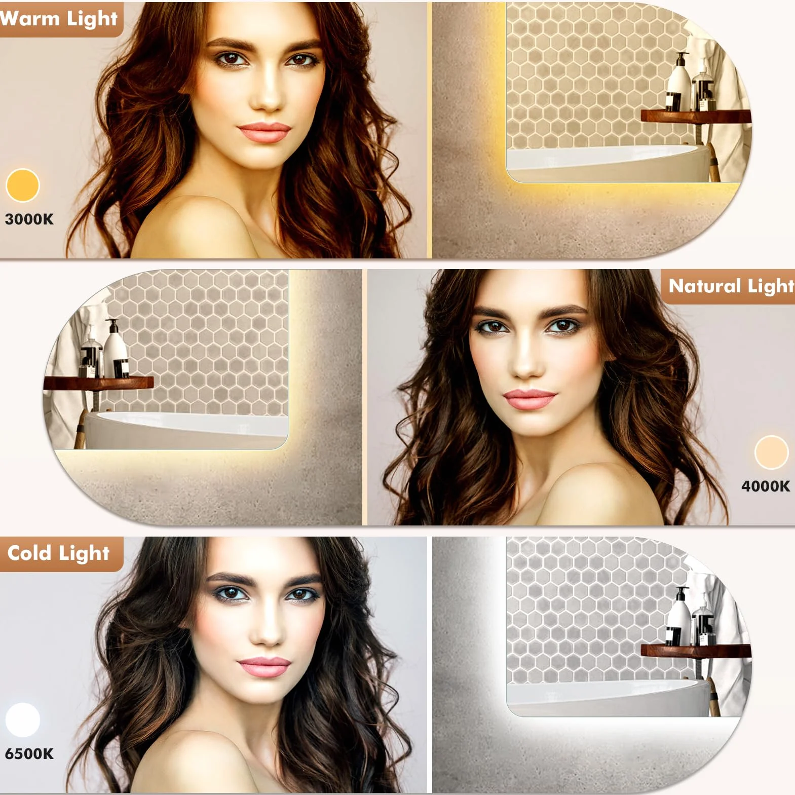 Viugreum Specchio da bagno a LED con illuminazione, 80 x 60 cm, anti-appannamento, specchio da parete, specchio da bagno, 3 colori di luce, specchio regolabile con illuminazione, interruttore touch