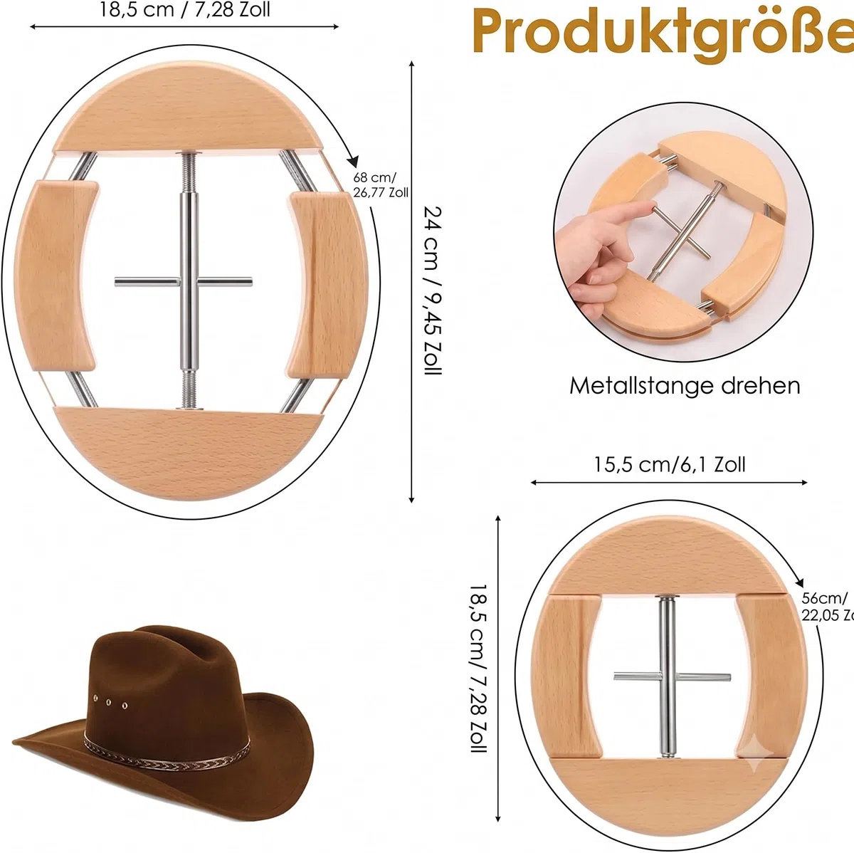 Tenditore per Cappelli a Vie, in Legno Naturale, estensore per Cappelli Fedora, Cappello da Cowboy da Uomo, Cappello da Baseball, Cowboy, la Vite con Il Manico è Facile da Allungare