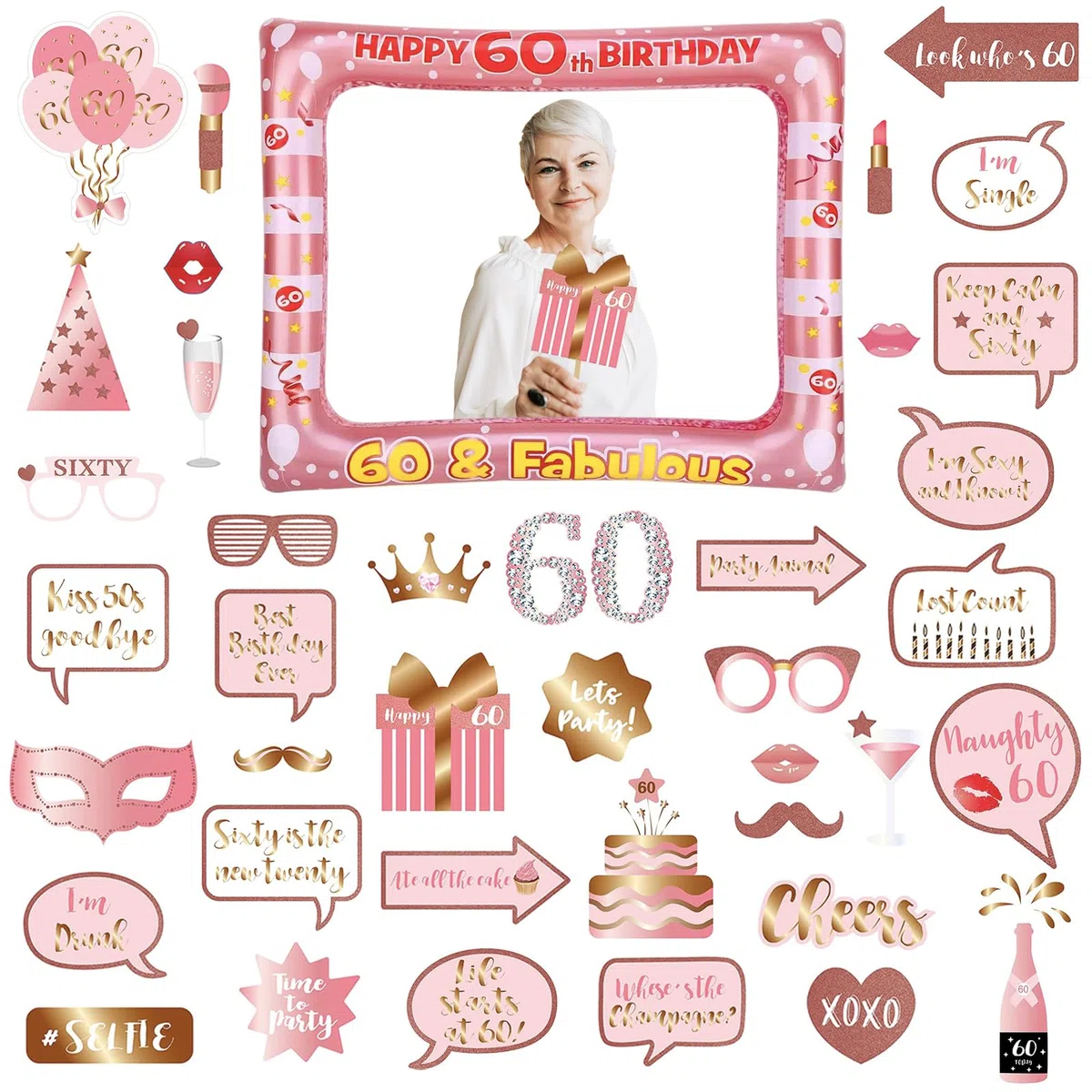 Photobooth 60 anni, 34 pezzi, kit fotografico per compleanno, rosa oro, fotobooth compleanno, rosa oro, fotobooth compleanno con cornice per foto 60 anni, props photobooth, accessori per selfie