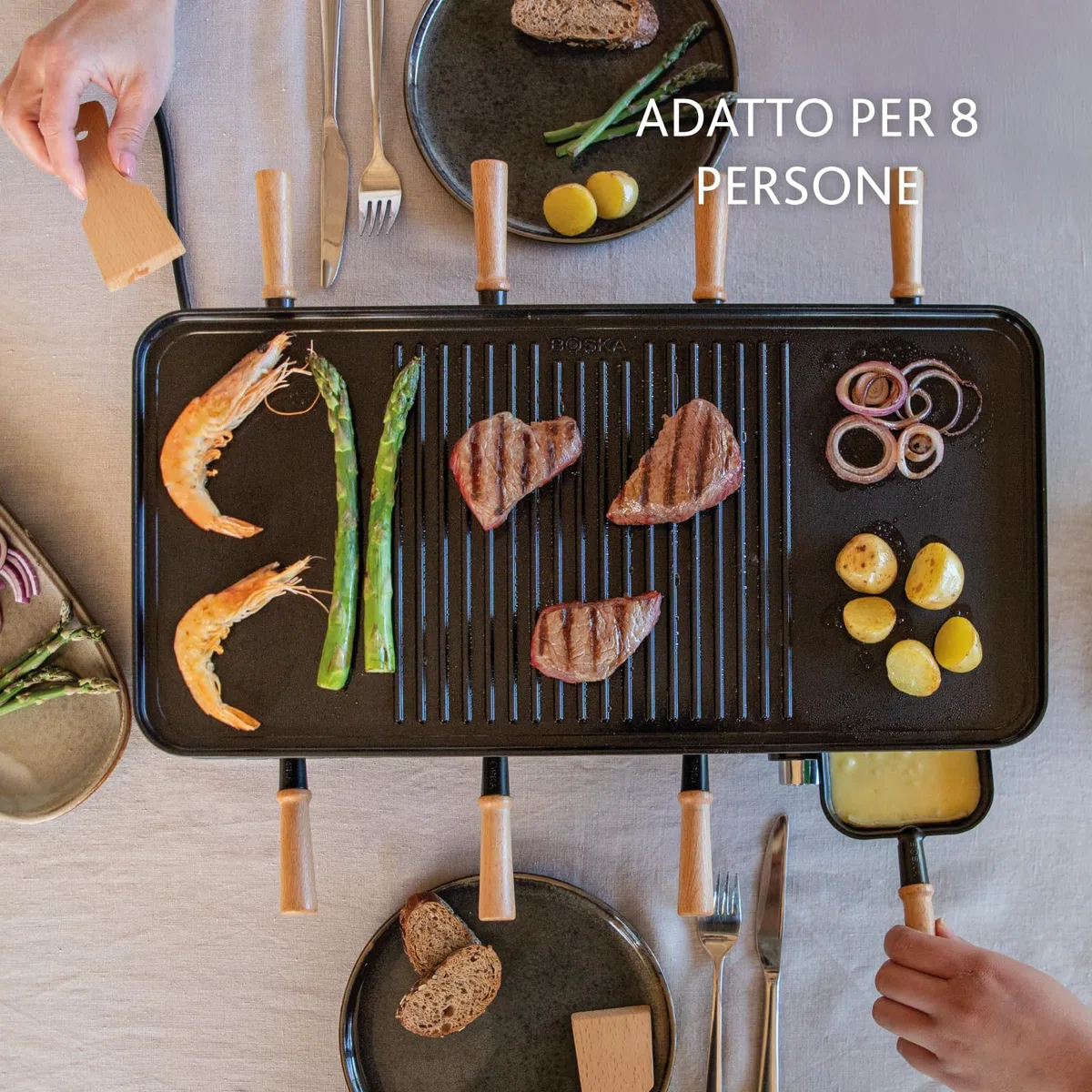 Boska Raclette Party – Griglia da tavolo per 8 persone – Senza PFAS – Piastra in ceramica – Manici in legno di faggio – Piastra in alluminio reversibile – Nero