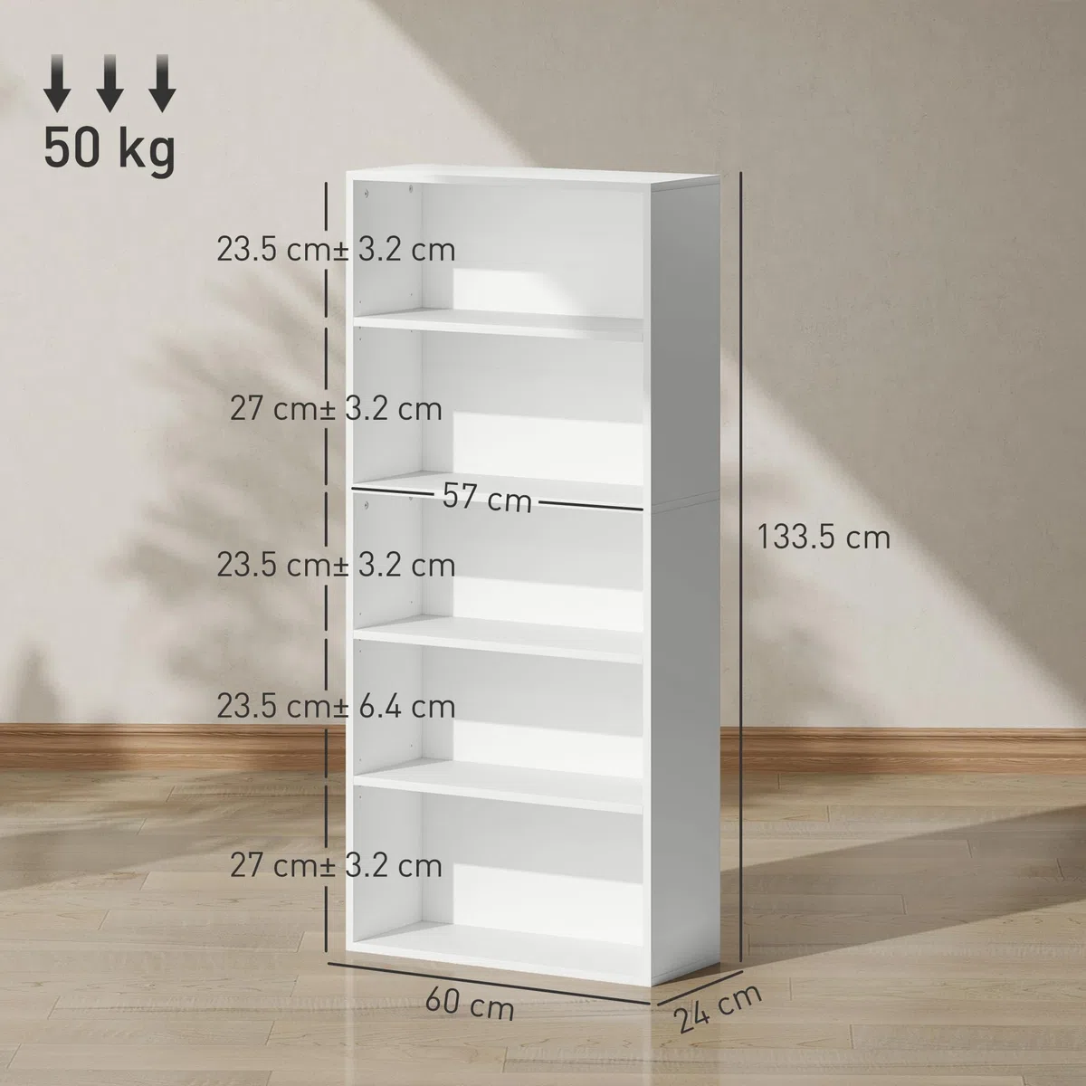 HOMCOM Mobile Libreria a 5 Ripiani con 3 Scaffali Regolabili, Libreria Scaffale Moderna in Legno, 60x24x133.5 cm, Bianco