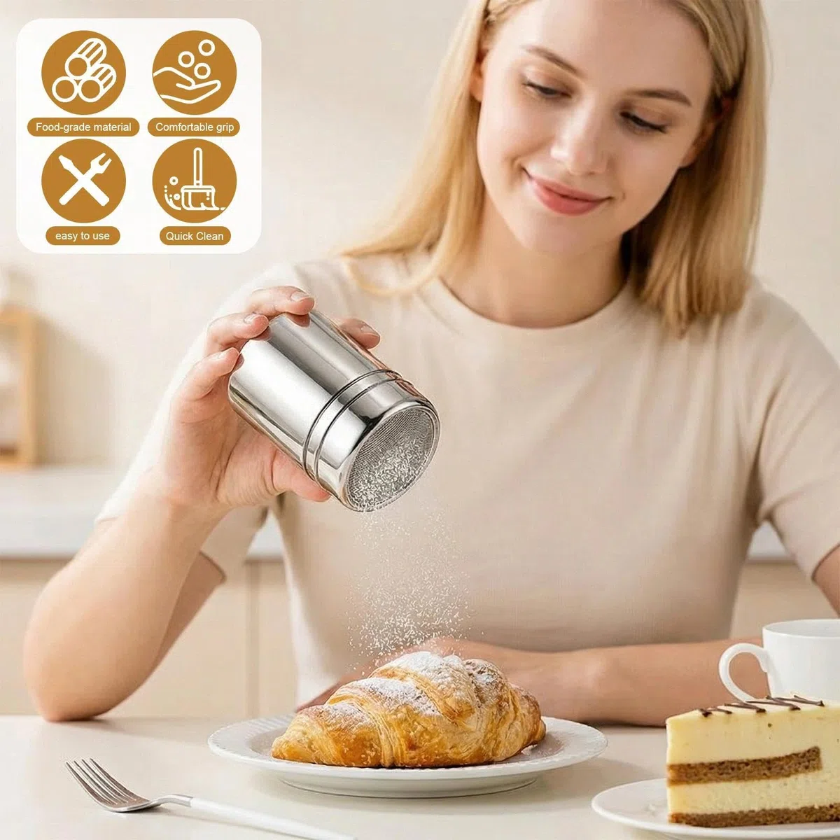 Set di 5 Setaccio Farina in Acciaio Inox Spargi Zucchero a Velo a Una Mano Colino Cucina con Coperchio con 16 Coffee Stencils Setaccio per Farina per Cacao, Spezie, Zucchero, Cioccolato