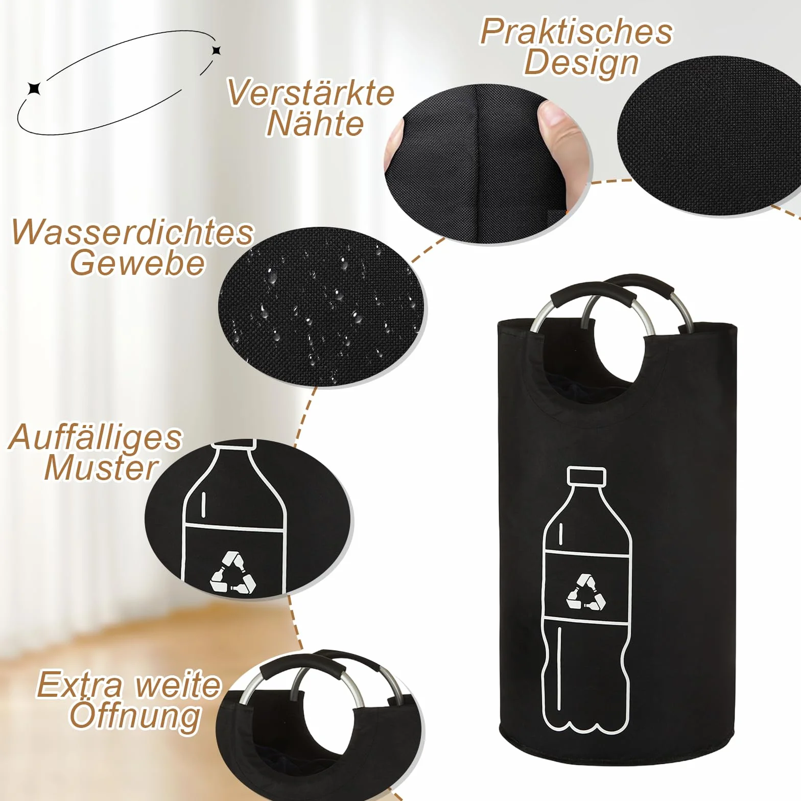 Raccoglitore di Bottiglie 115L, Pattumiera Differenziata per Carta Plastica Vetro, Contenitore Cucina con Manico in Alluminio—Nero