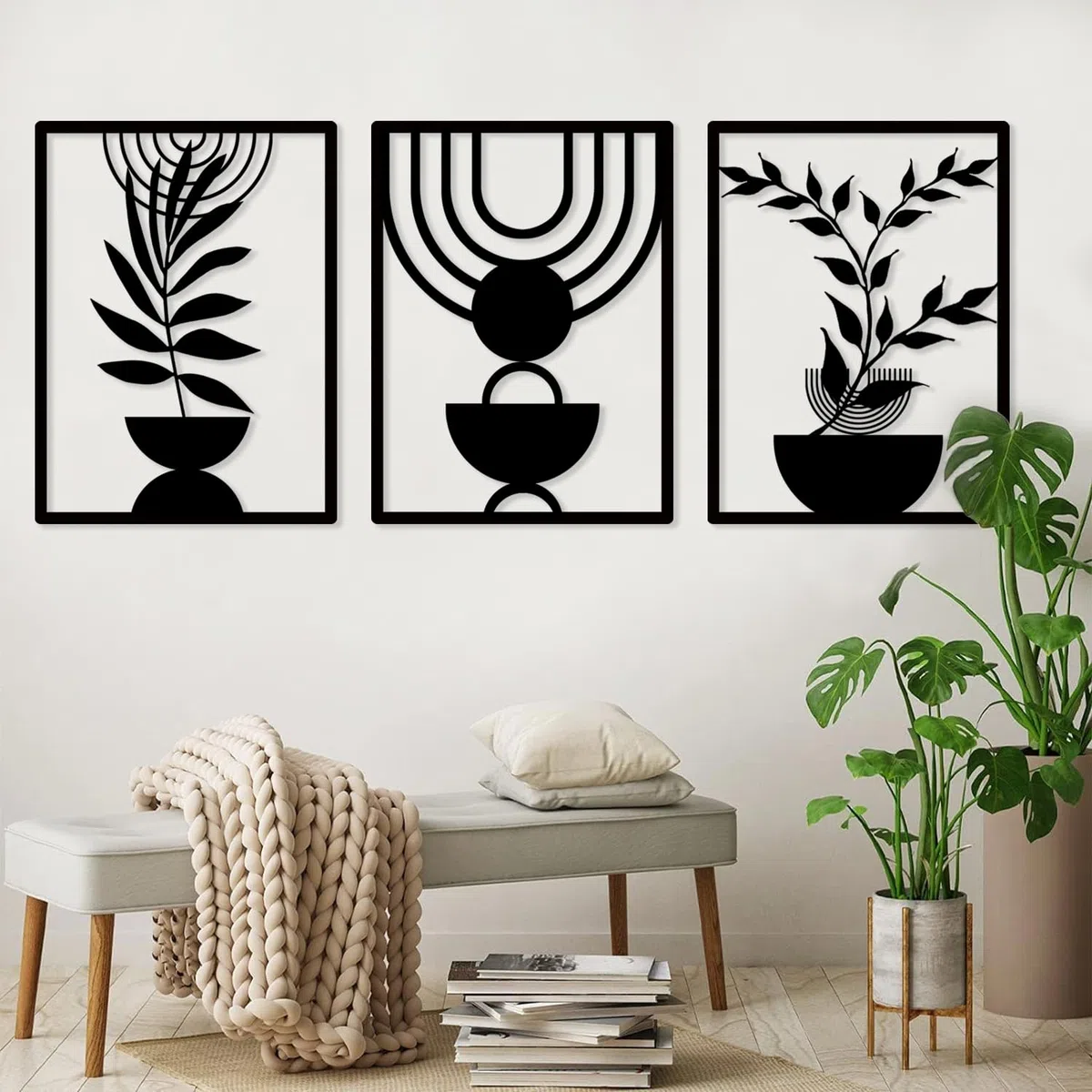 Pduoduo 3 Pannelli Arte da Parete in Metallo Stile Boho, Arte da Parete Geometrica Minimalista Astratta, Scultura in Metallo Nero per Soggiorno, Camera da Letto (56 * 42 cm)