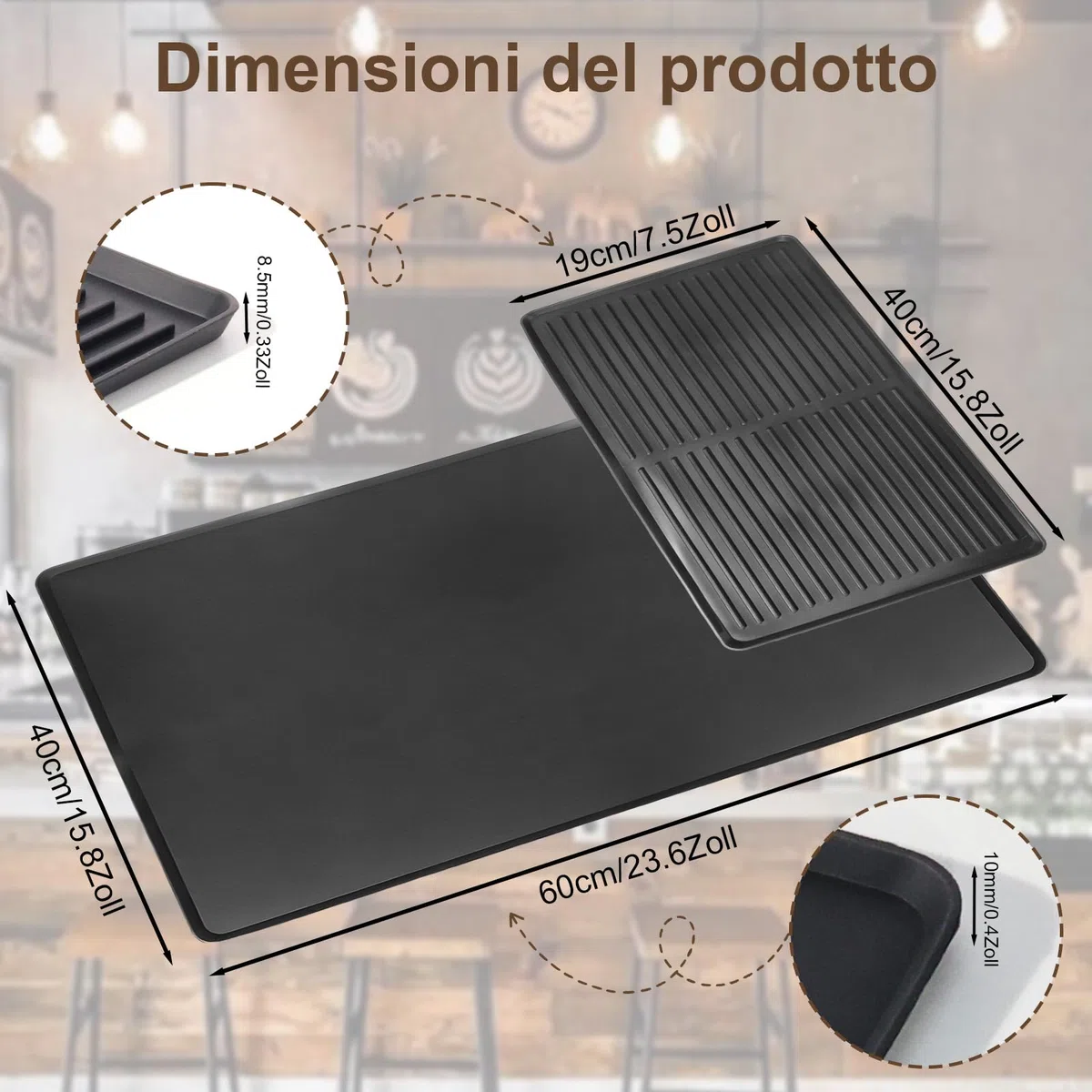 2 Pezzi Tappetino Cucina in Silicone | Tappetino Macchina da Caffè + Scolapiatti, 60x40cm Nero Assorbente, Accessori Cucina Pratici per Angolo Caffè