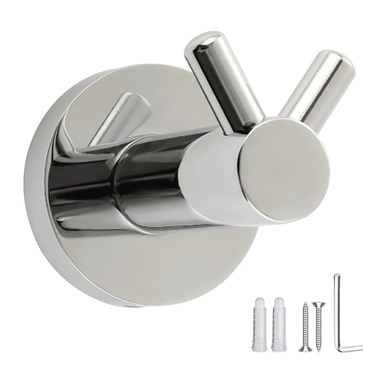 Gancio Doppio Cromato Lucido Acciaio Inox 304 - Porta Asciugamani da Parete 15kg con Foratura - Per Bagno, Cucina, Ingresso - Design Elegante Argento