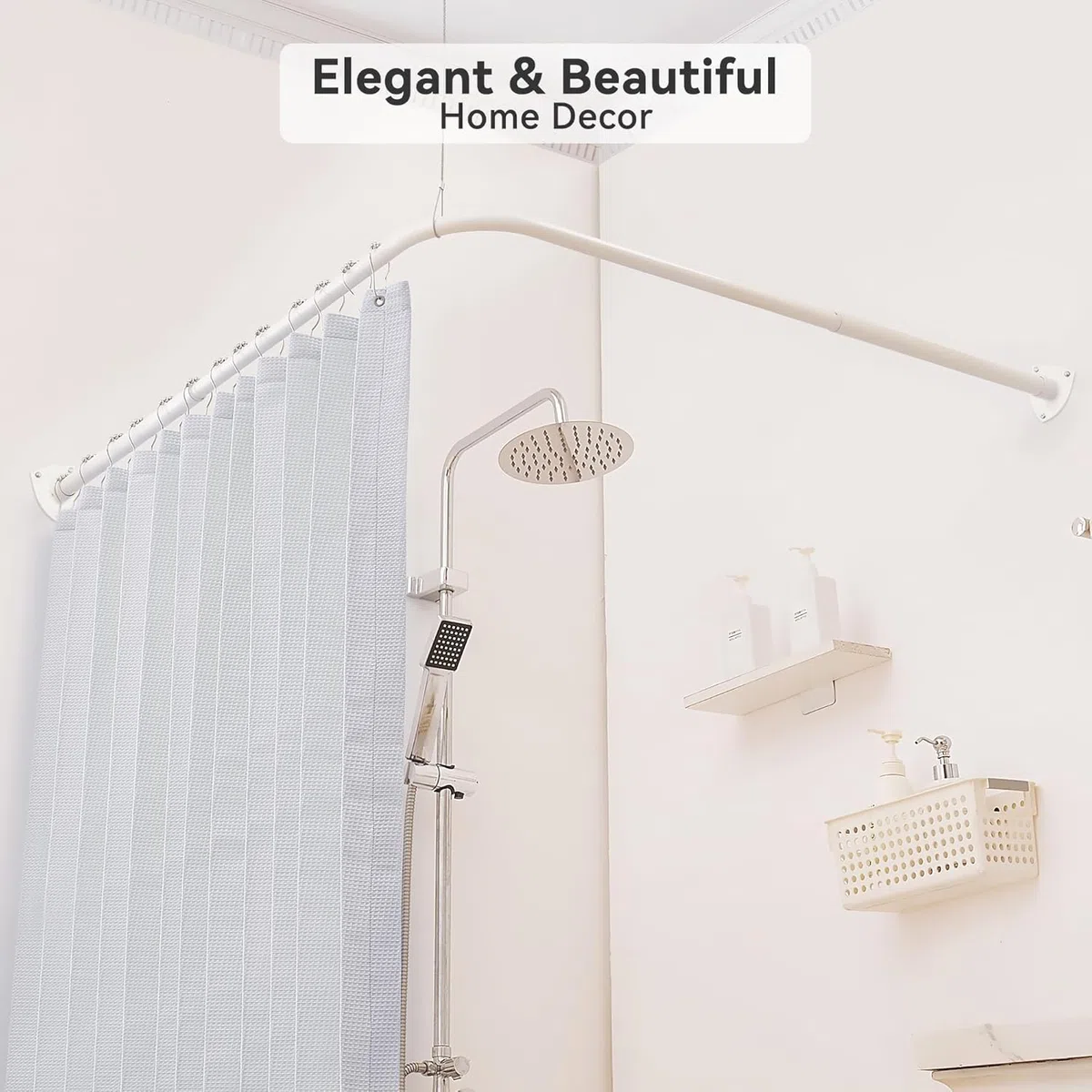 Asta per tenda da doccia, a forma di L, asta estensibile per tenda da doccia per bagno, negozio di abbigliamento, in acciaio 304, con 12 ganci ad anello e supporto a soffitto (bianco, 60-130 cm x 60