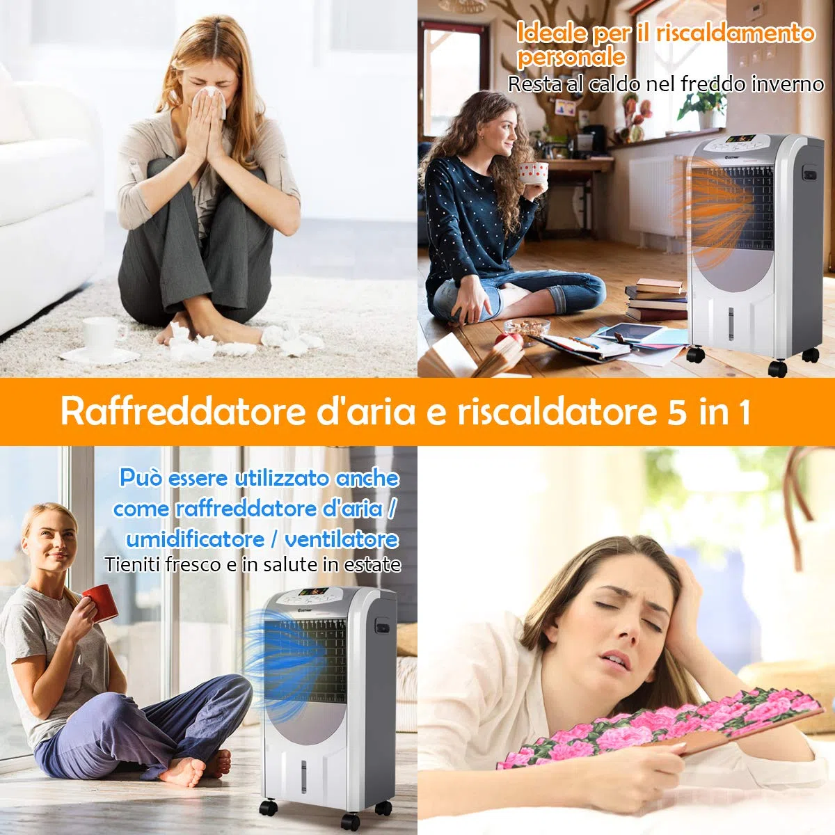 COSTWAY Condizionatore per Freddo Caldo, Ventilatore Climatizzatore da Terra a Evaporazione Portatile, Caldo 2000W, Freddo 75W, con Telecomando