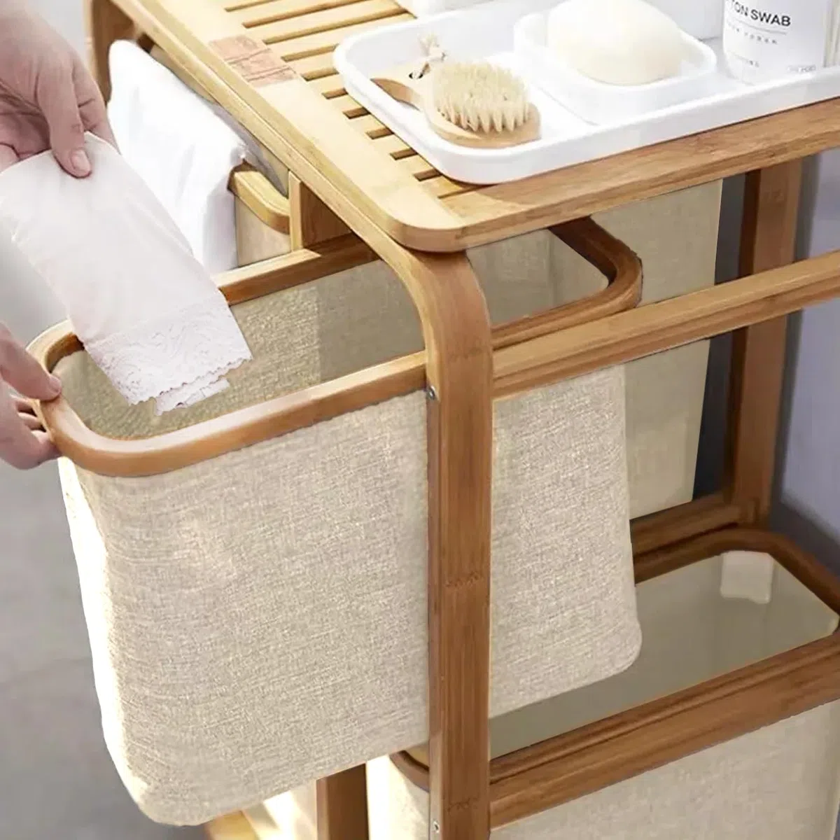 Cesto portabiancheria in bambù ripiano per il bagno portabiancheria in bambù sacchetto per il bucato ripiano per il bagno selezionatore di biancheria XL 49x33x70 cm Beige