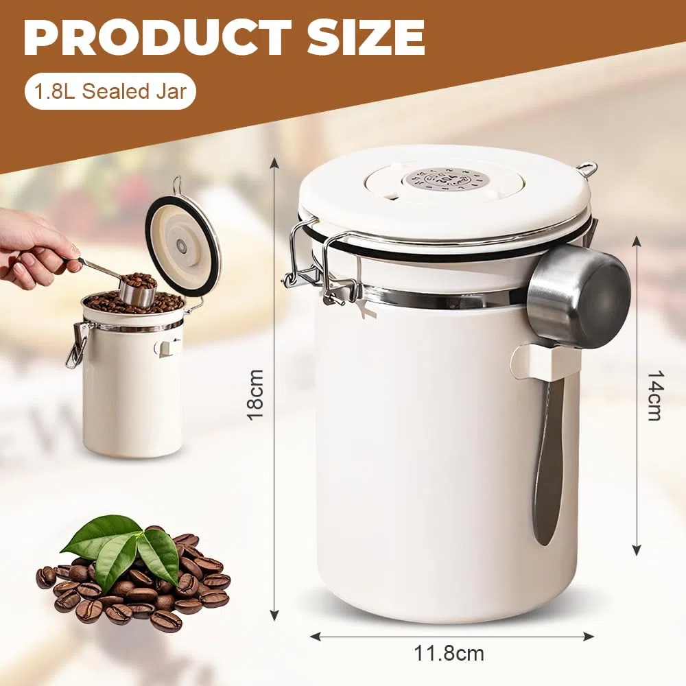 Barattolo Caffe Ermetico 11.8 X 18 CM,Contenitore Caffe in Polvere,Coffee Beans Container,Contenitore Farina con Display Della Data e Cucchiaino,Barattolo per Conserve Zucchero per Noci e Tè
