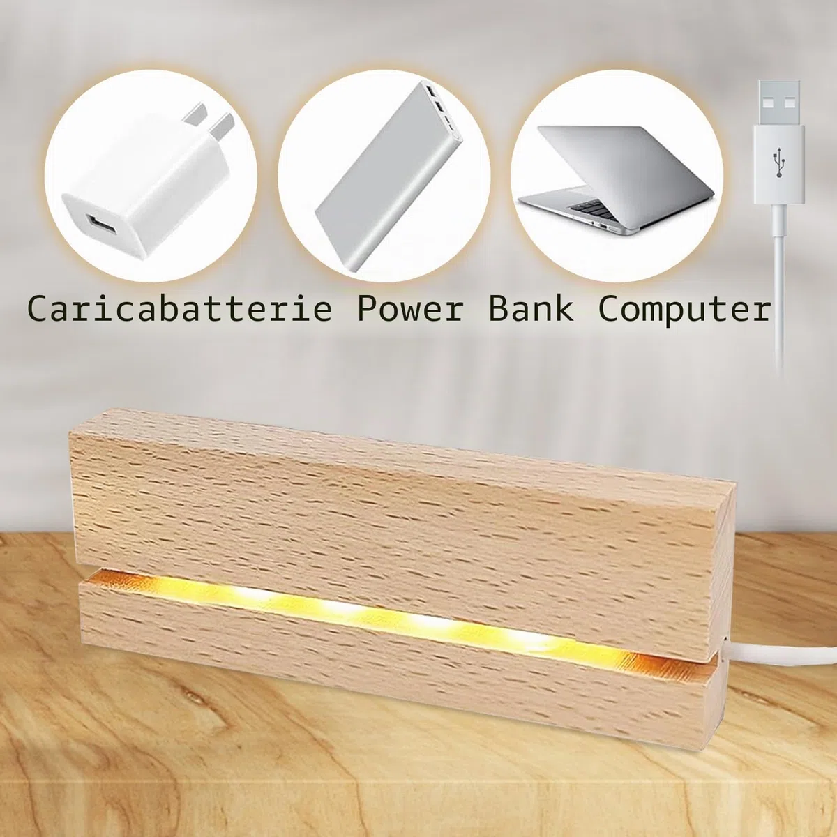 Base per Display con Luci LED in Legno - 3 Pezzi, Rettangolare, Illuminazione USB