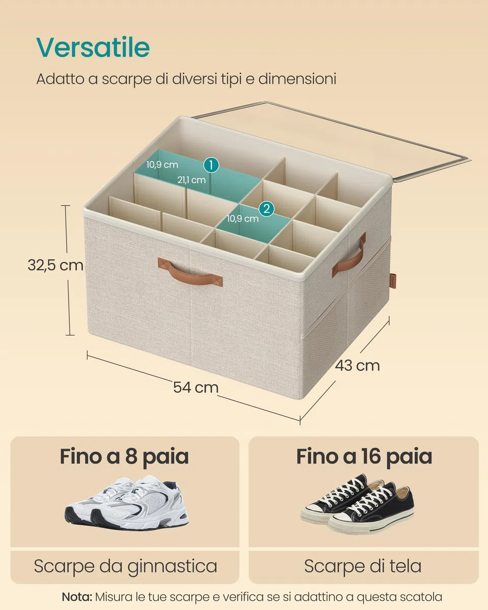 SONGMICS Organizer Scarpe, per 16 Paia, Scatola Contenitore Scarpe, Maniglie, con Coperchio Trasparente, Regolabile, per Armadio, Beige Cappuccino LSP555K01