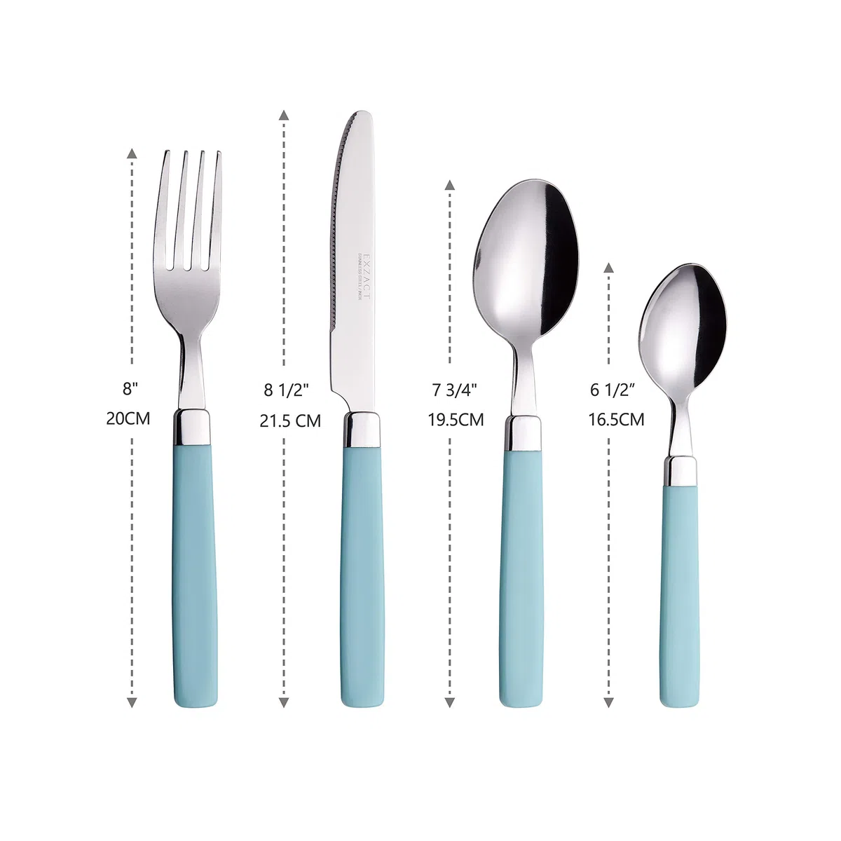 Exzact Posate Acciaio Inox con Manici Colorati 16 PZ - 4 Forchette, 4 Coltelli, 4 Cucchiai Cena, 4 Cucchiaini - EX23 (Turchese x 16)